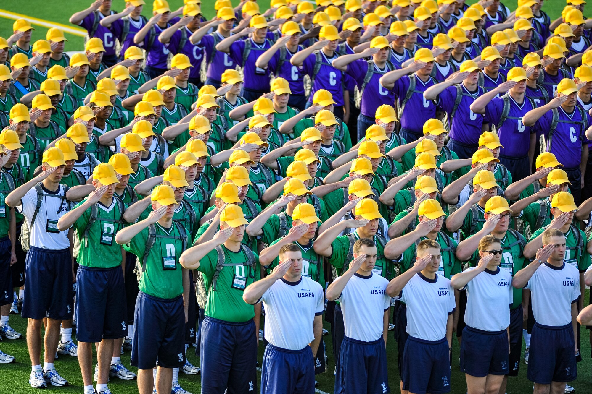 Basic cadets at the U.S. Air Force Academy salute during the ceremony
beginning Field Day, July 10, 2015. Field Day is an annual competitive event
that marks the half-way point through Basic Cadet Training. (U.S. Air Force
photo/Liz Copan)

