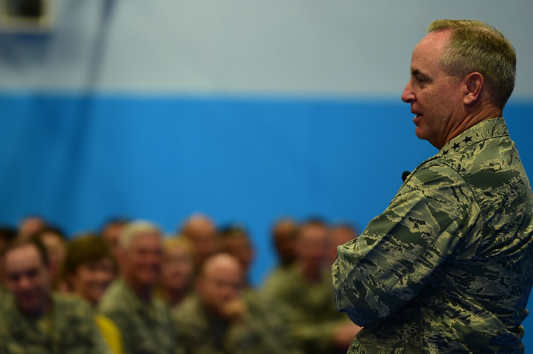 Air Force Chief of Staff Gen. Mark A. Welsh III speaks with 501st Combat Support Wing Airmen during an all call at Royal Air Force Croughton, England, July 16, 2015. Welsh explained the importance of reaching out and taking care of Air Force members and their families. (U.S. Air Force photo/Tech. Sgt. Chrissy Best)