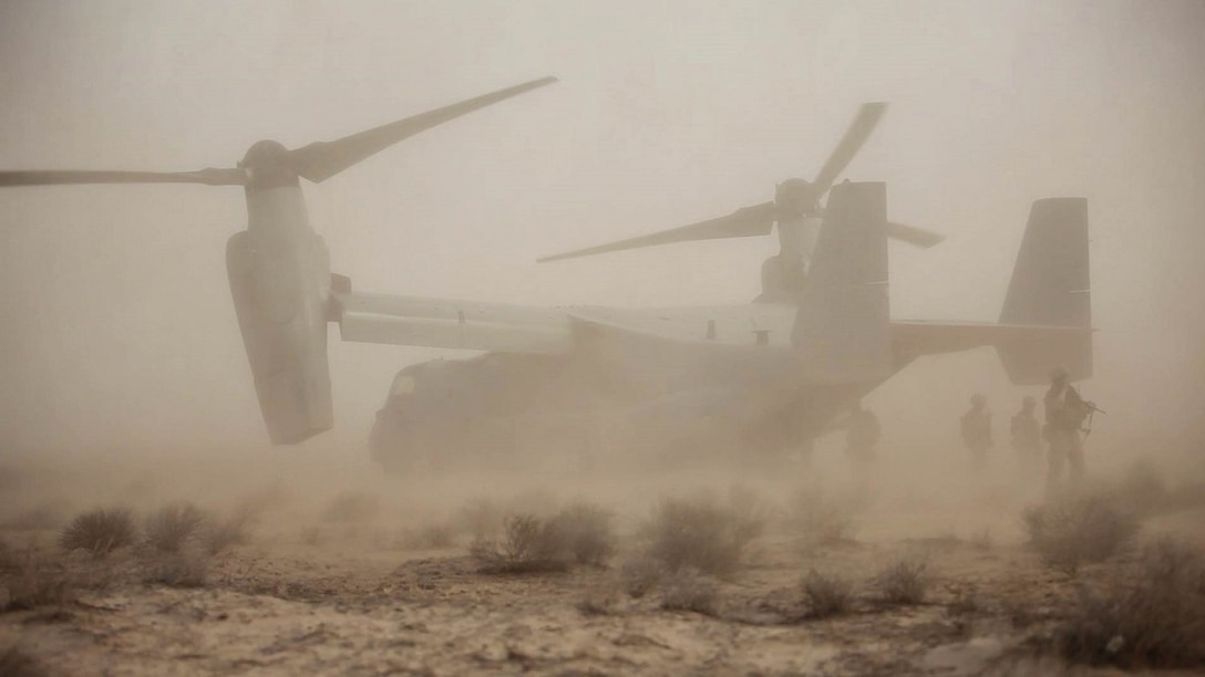 An MV-22 Osprey with Marine Medium Tiltrotor Squadron 165 (VMM – 165), Special Purpose Marine Air – Ground Task Force – Crisis Response – Central Command, lands during a Tactical Recovery of Aircraft and Personnel (TRAP) Exercise, May 29, 2015. The Marines of VMM – 165 celebrate the unit’s 50th anniversary while deployed with the SPMAGTF; providing long range assault support, troop transport and cargo delivery in the Central Command Area of Operations, as well as support to TRAP.