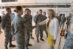 Secretary of the Air Force Deborah Lee James shakes the hand of Senior Airman Devon Brekke, a member of the 119th Wing, July 21, 2015, at the North Dakota Air National Guard base in Fargo. James’ visit to the 119th Wing included meetings with Guard leaders and elected and civic officials, followed by an all-staff meeting that was attended by North Dakota Air National Guard members.
