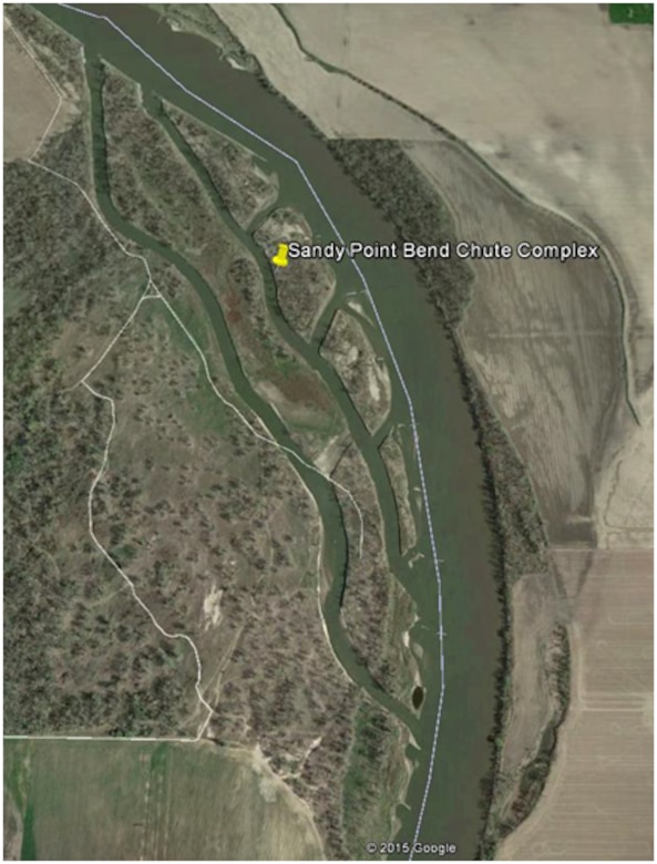 Google Earth image of the Sandy Point Bend Chute Complex in Harrison, County Iowa along the Missouri River between river miles 657 and 658. 