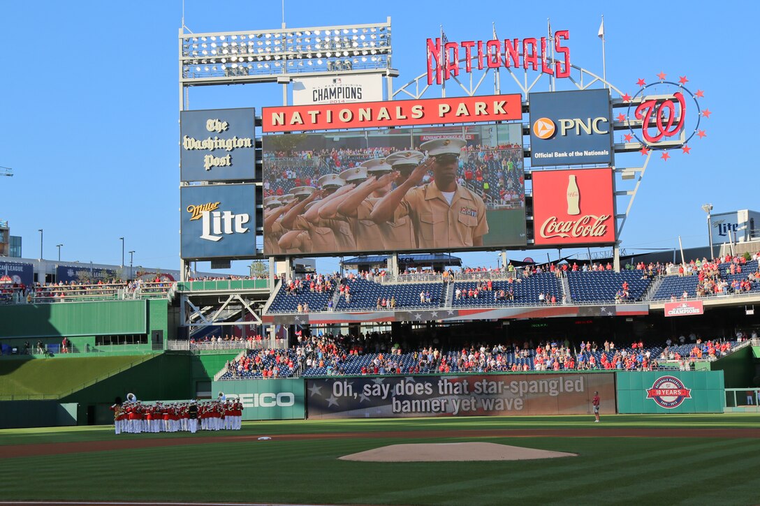 On July 21, 2015, the Marine Band performed the National Anthem at Nationals Park. (U.S. Marine Corps photo by Staff Sgt. Rachel Ghadiali/released)