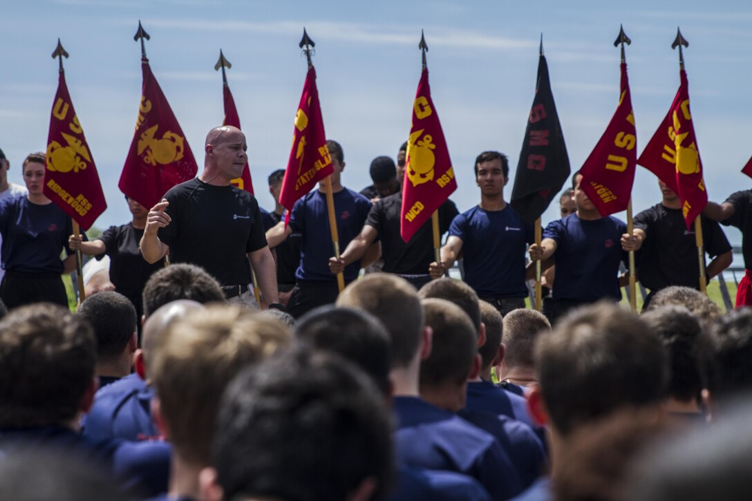 Sgt. Maj. Curtis Rice motivates the enlistees of Marine Corps Recruiting Station New York during the Sergeant Major’s Cup at Jones Beach, N.Y., Saturday, June 13, 2015. The cup is an annual event that pits the enlistees of 14 recruiting substation of New York City and Long Island against each other in physical competitions. Rice is the sergeant major for RS New York.