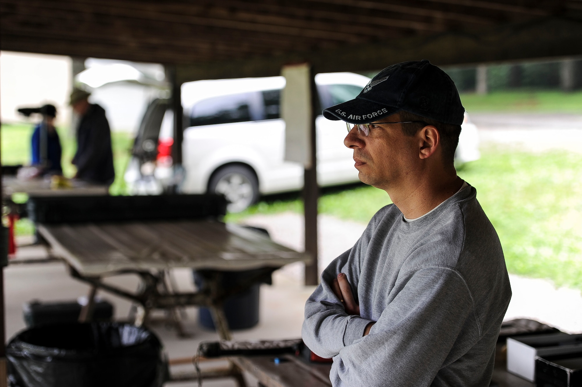 Lt. Col. Mark Gould concentrates on a target downrange as he gets ready to shoot during a training class in New Freedom, Pa., June 26, 2015. Gould, a foreign liaison officer for the Defense Intelligence Agency’s Office of Partner Engagement at the Pentagon, has been involved in competitive shooting for the past 23 years and has been a member of the Air Force International Rifle Team for 17 years. (U.S. Air Force photo/Staff Sgt. Christopher Gross)