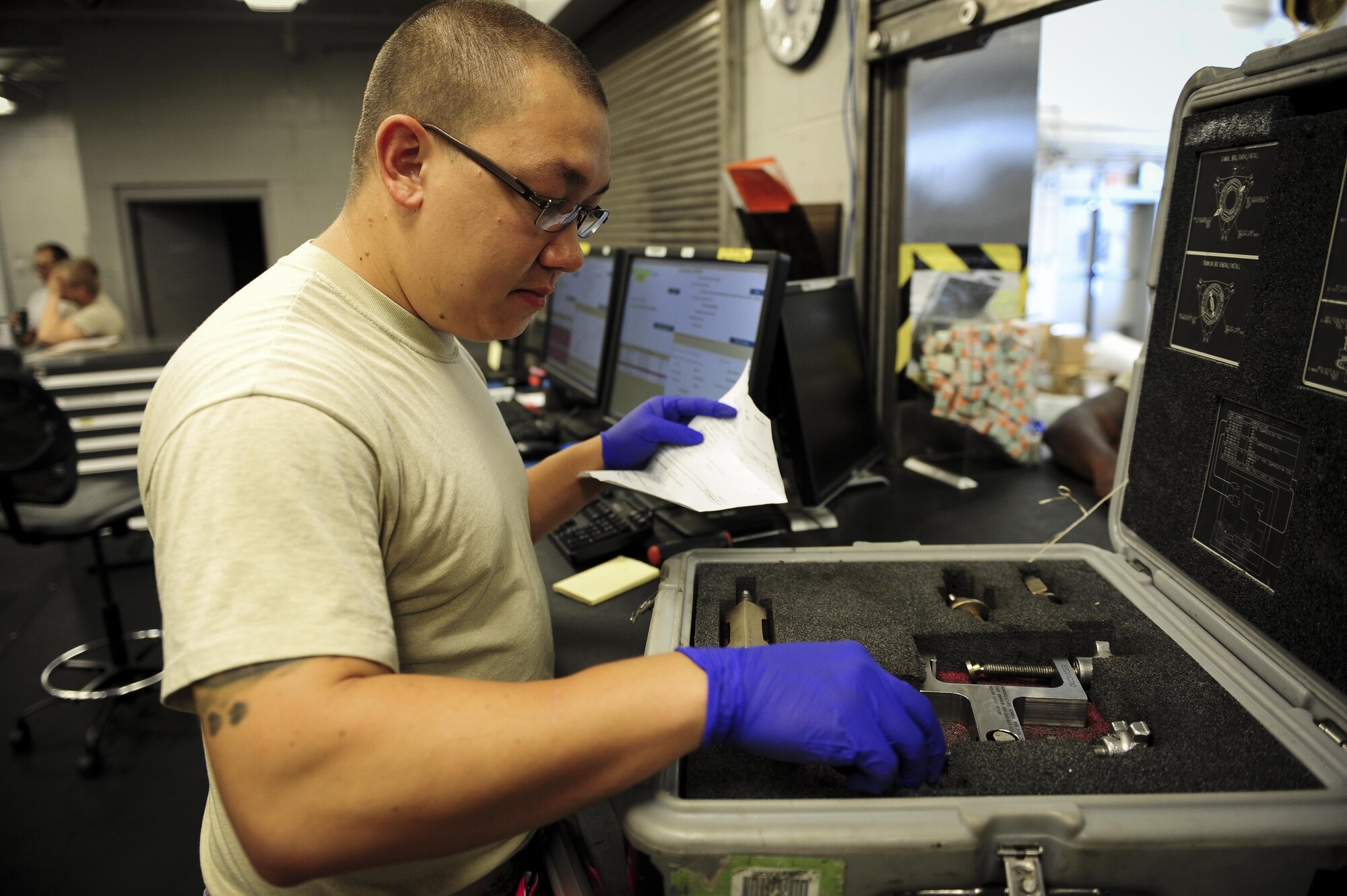 Staff Sgt. William Youngblood, 801st Special Operations Aircraft Maintenance Squadron support technician, inventories flight line tools at Hurlburt Field Fla., July 20, 2015. The 801st SOAMXS’s mission is to perform all equipment maintenance in support of worldwide special operations missions in response to national command authority taskings for the CV-22B Osprey and the MC-130H Talon II. Maintenance includes aircraft servicing, phase inspections, troubleshooting, repair, modifications and launch recovery for all aircraft. (U.S. Air Force photo/Senior Airman Meagan Schutter)