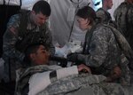 New York Army National Guard medical Soldiers assigned to Company C "Charlie Med," 427th Brigade Support Battalion, 27th Infantry Brigade Combat Team, treat a "victim" during a mass casualty (MASCAL) exercise during their annual training at Fort Drum, New York on July 15, 2015.