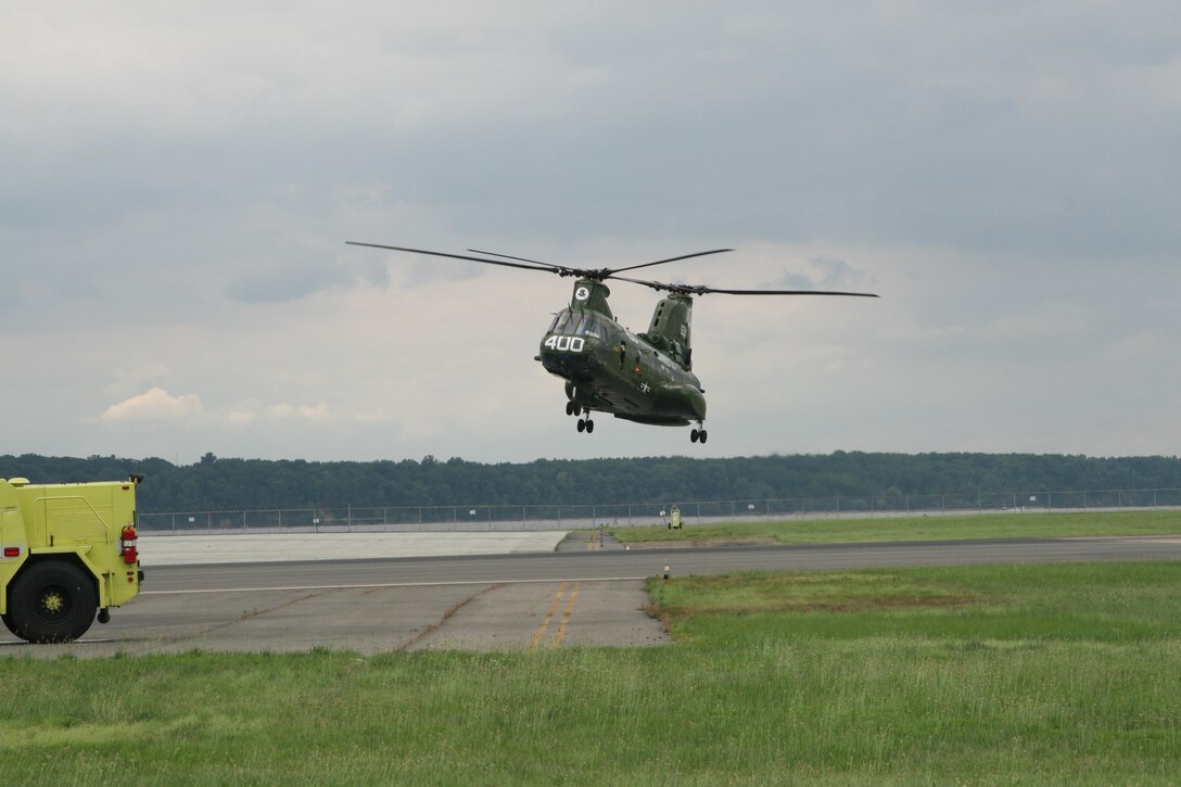 The CH-46 Phrog helicopter preparing to land after its last flight in the Quantico skies. The helicopter completed its final journey, with O’Donnell piloting it for the last time.