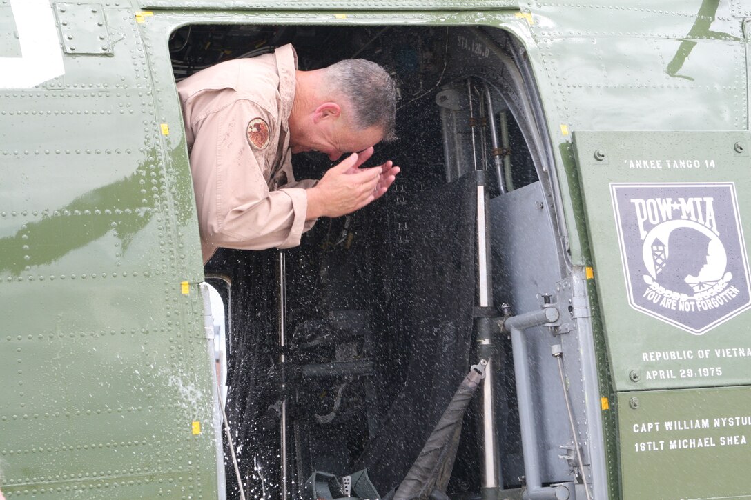 O’Donnell completed his last flight on July 15 and returned to Turner Airfield. While stepping off the CH-46 Sea Knight, O’Donnell was welcomed back with a celebratory champagne spray to the face.