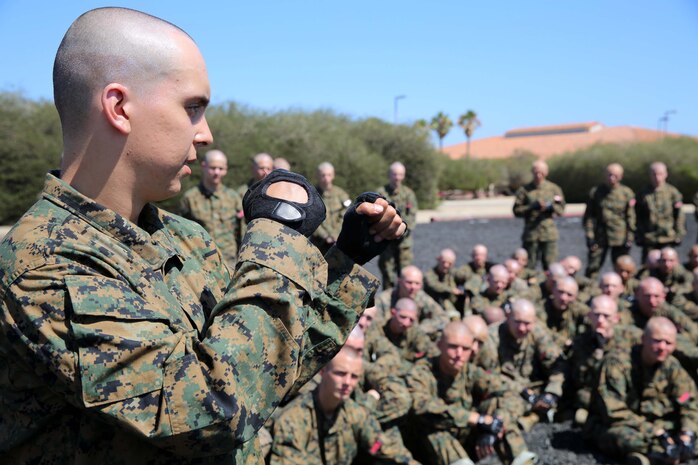 A recruit demonstrates the basic warrior stance of Marine Corps Martial Arts during a MCMAP class at Marine Corps Recruit Depot San Diego, July 15. The basic warrior stance is the starting point of every MCMAP move and is instrumental for balance and power.  Recruits were taught how to throw the lead and rear hand punch as well as the footwork and body position needed to execute the punches effectively. Recruits receive multiple MCMAP classes throughout recruit training and are given a MCMAP test on training day 50 to verify their knowledge of MCMAP fundamentals.