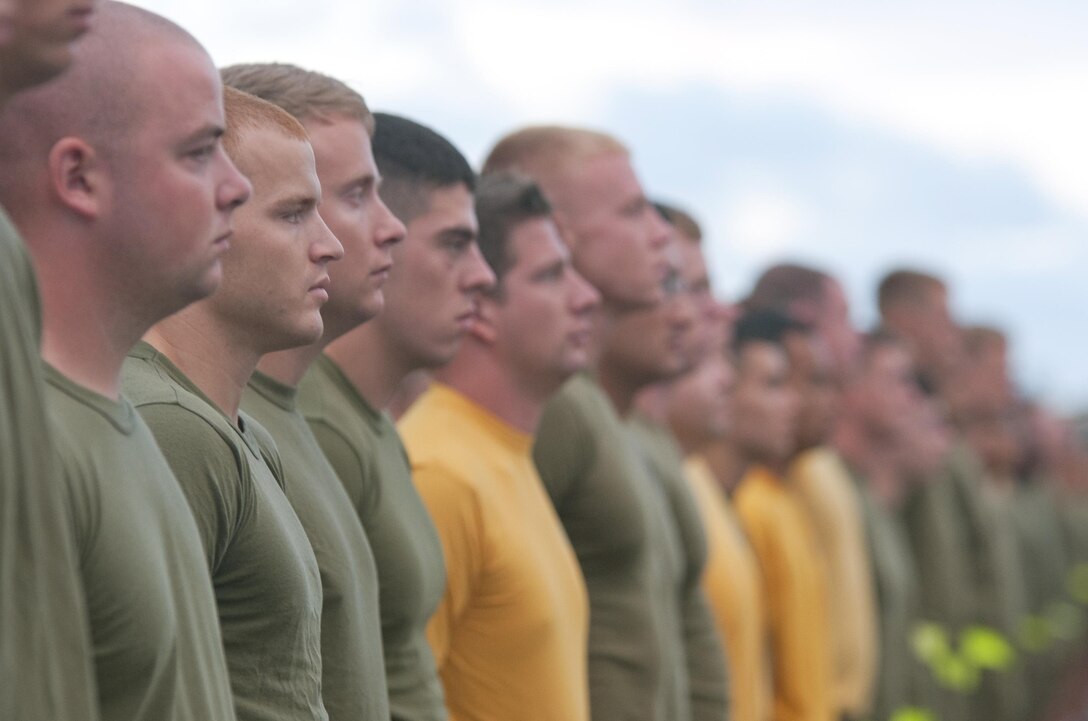 The Marines and Sailors of Marine Aviation Logistics Squadron 24, stand at attention before engaging in a squadron run in front of Hangar 375, July 22, 2015. The “Warriors” conducted morning physical training with a formation run, calling cadence. (U.S. Marine Corps photo by Kristen Wong/Released)
