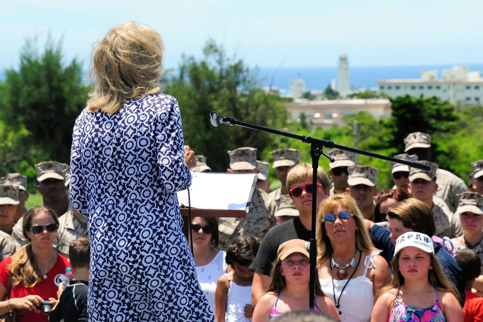 Dr. Jill Biden, wife of Vice President Joe Biden, speaks to service members and their families July 23, 2015, at the USO on Kaden Air Base, Japan. During Biden’s visit, she spoke about the Joining Forces Initiative, an effort to support better educational opportunities and employment resources for military beneficiaries. (U.S. Air Force photo by Airman 1st Class John Linzmeier)