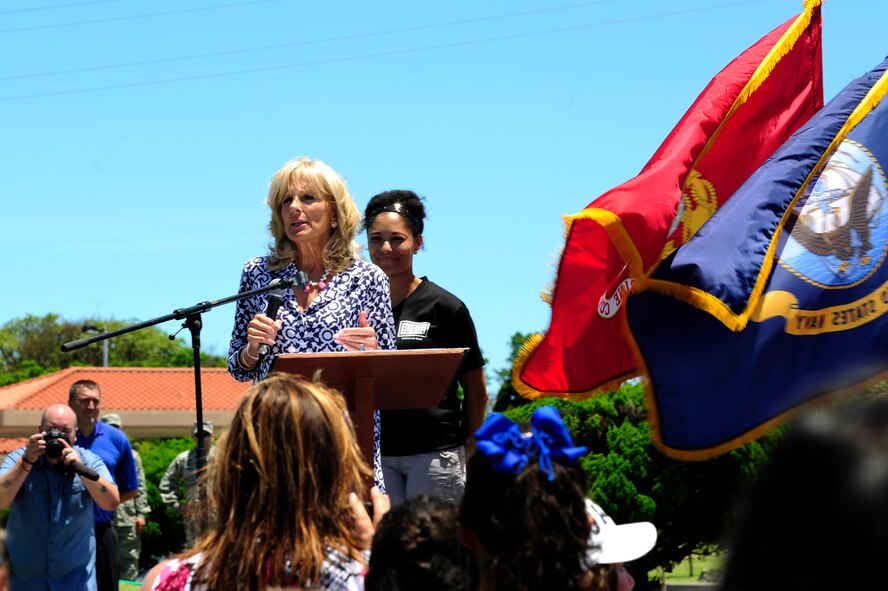 Dr. Jill Biden, wife of Vice President Joe Biden, speaks to service members and their families July 23, 2015 at USO Kadena at Kadena Air Base, Japan. Biden stopped in at the Kadena USO Block Party after traveling around Indo-Asia-Pacific countries, promoting educational opportunities and economic empowerment for women. (U.S. Air Force photo by Airman 1st Class Corey Pettis)