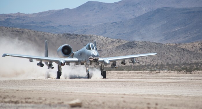 An A-10 Thunderbolt II departs from the National Training Center at Fort Irwin, Calif., July 16, 2015. The meeting established rapport with the Army brigade and reassured them that the Air Force will be there when they call. (U.S. Air Force photo by Airman 1st Class Mikaley Towle)