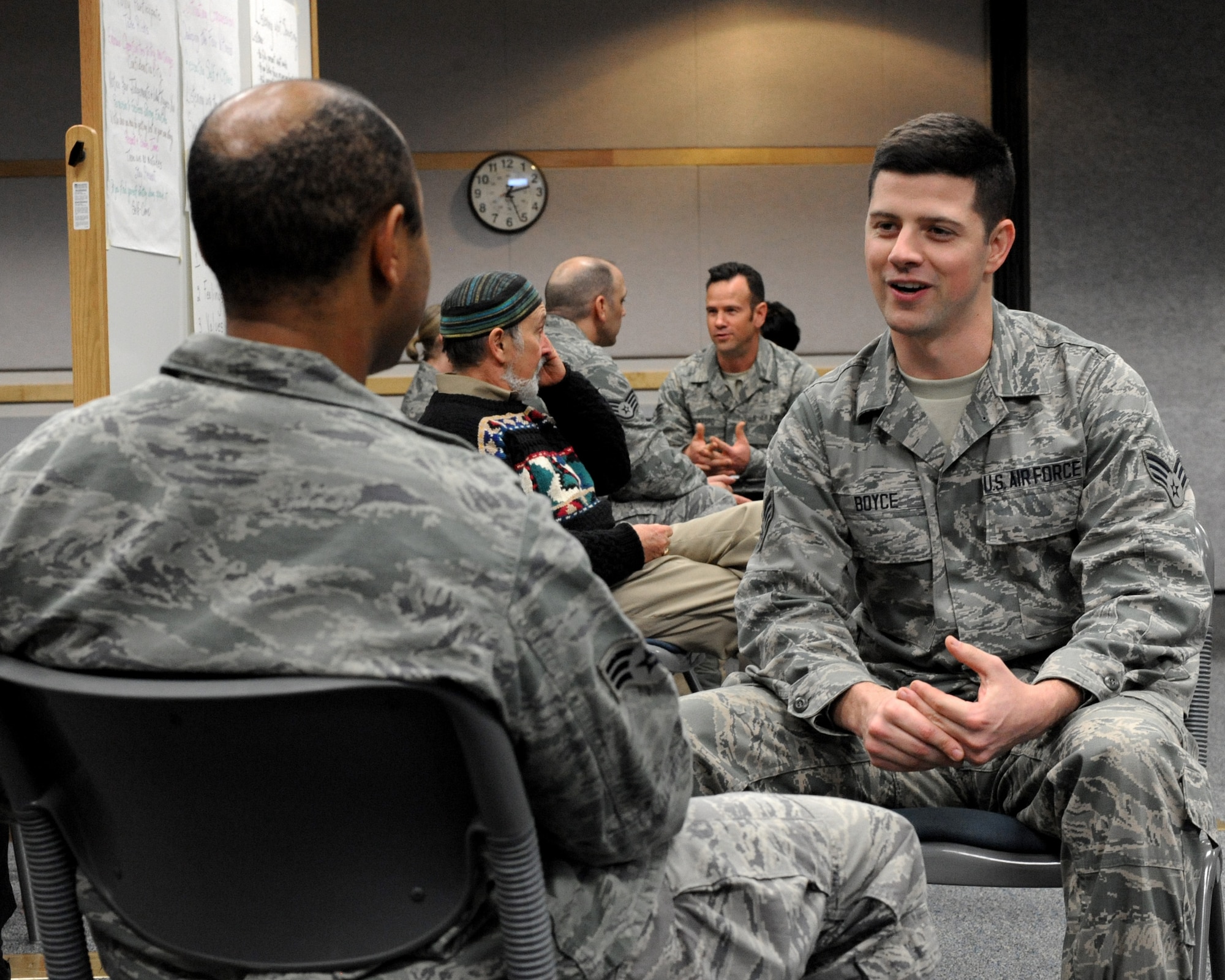 Oregon Air National Guard Senior Airman Brandon Boyce, right, and Senior Airman Brandon Bingham, left, interact during a meeting of the 142nd Fighter Wing’s Diversity and Inclusion Counsel, Feb. 8, 2015, Portland Air National Guard Base, Ore. The Diversity and Inclusion Counsel meets during Unit Training Assembly weekends to help develop the total force crucial for mission success. (U.S. Air National Guard photo by Tech. Sgt. John Hughel, 142nd Fighter Wing Public Affairs/Released)