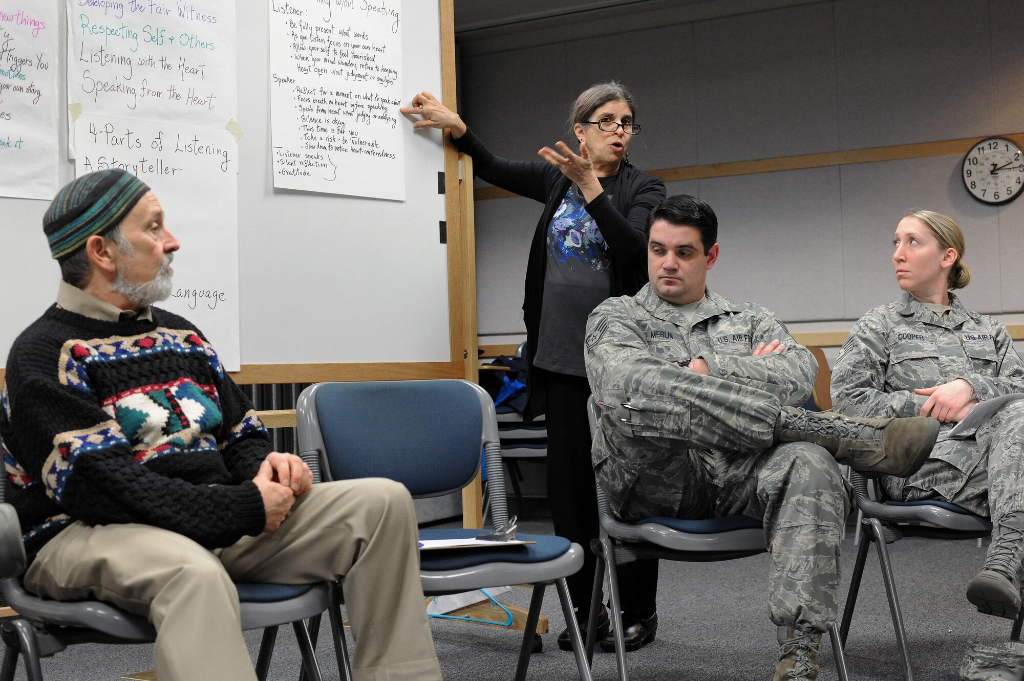 Joan Levine, center, leads a discussion in compassionate listening with Airmen from the 142nd Fighter Wing during the Unit Training Assembly, Feb. 8, 2015, Portland Air National Guard Base, Ore. The Diversity and Inclusion Counsel meets during UTA weekends to help develop the total force crucial for mission success. (U.S. Air National Guard photo by Tech. Sgt. John Hughel, 142nd Fighter Wing Public Affairs/Released)
