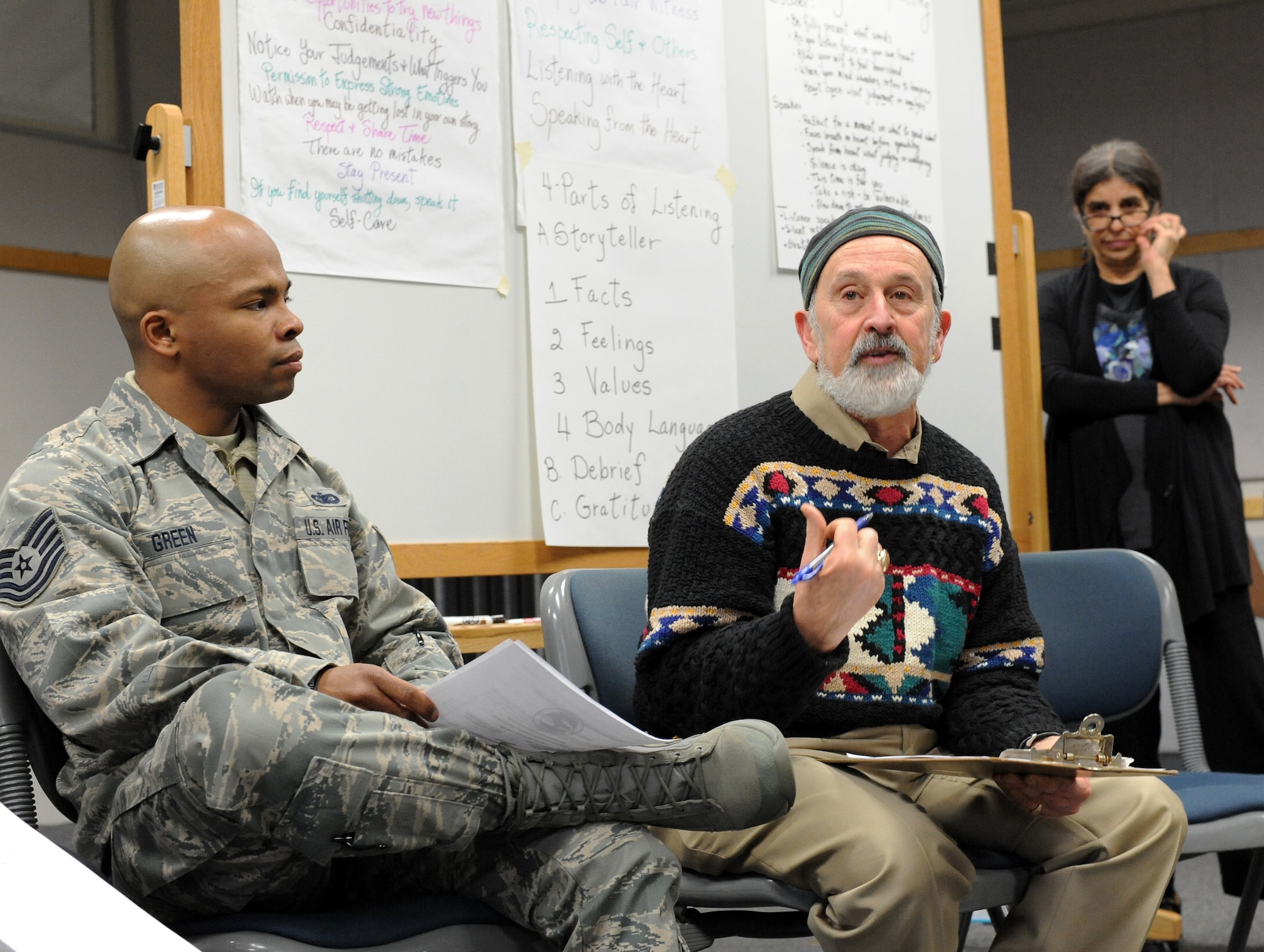 Oregon Air National Guard Tech. Sgt. Carl Green, co-chair of the 142nd Fighter Wing’s Diversity and Inclusion Counsel, left, listens to Alan Winter, center, along with Joan Levine, right, lead a discussion in compassionate listening, Feb. 8, 2015, Portland Air National Guard Base, Ore. The Diversity and Inclusion Counsel helps foster communication by recognizing that a diverse set of experiences, perspectives, and backgrounds are crucial to mission success. (U.S. Air National Guard photo by Tech. Sgt. John Hughel, 142nd Fighter Wing Public Affairs/Released)