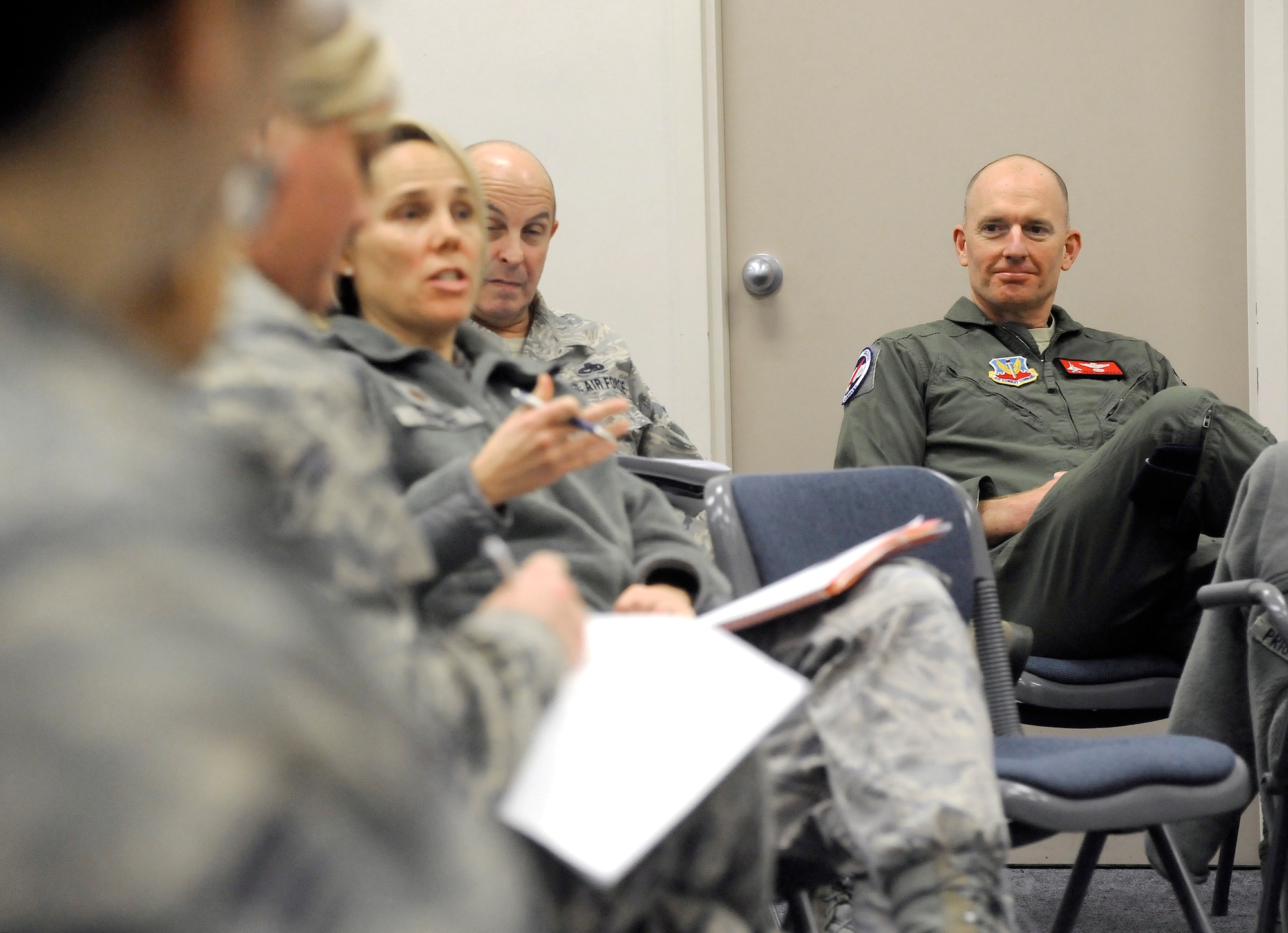 Oregon Air National Guard Col. Paul Fitzgerald, 142nd Fighter Wing Commander observes members interacting in a group discussion as part of the unit’s Diversity and Inclusion Counsel meeting, Jan. 11, 2015, Portland Air National Guard Base, Ore. The Diversity and Inclusion Counsel helps foster communication by recognizing that a diverse set of experiences, perspectives, and backgrounds are crucial to mission success. (U.S. Air National Guard photo by Tech. Sgt. John Hughel, 142nd Fighter Wing Public Affairs/Released)