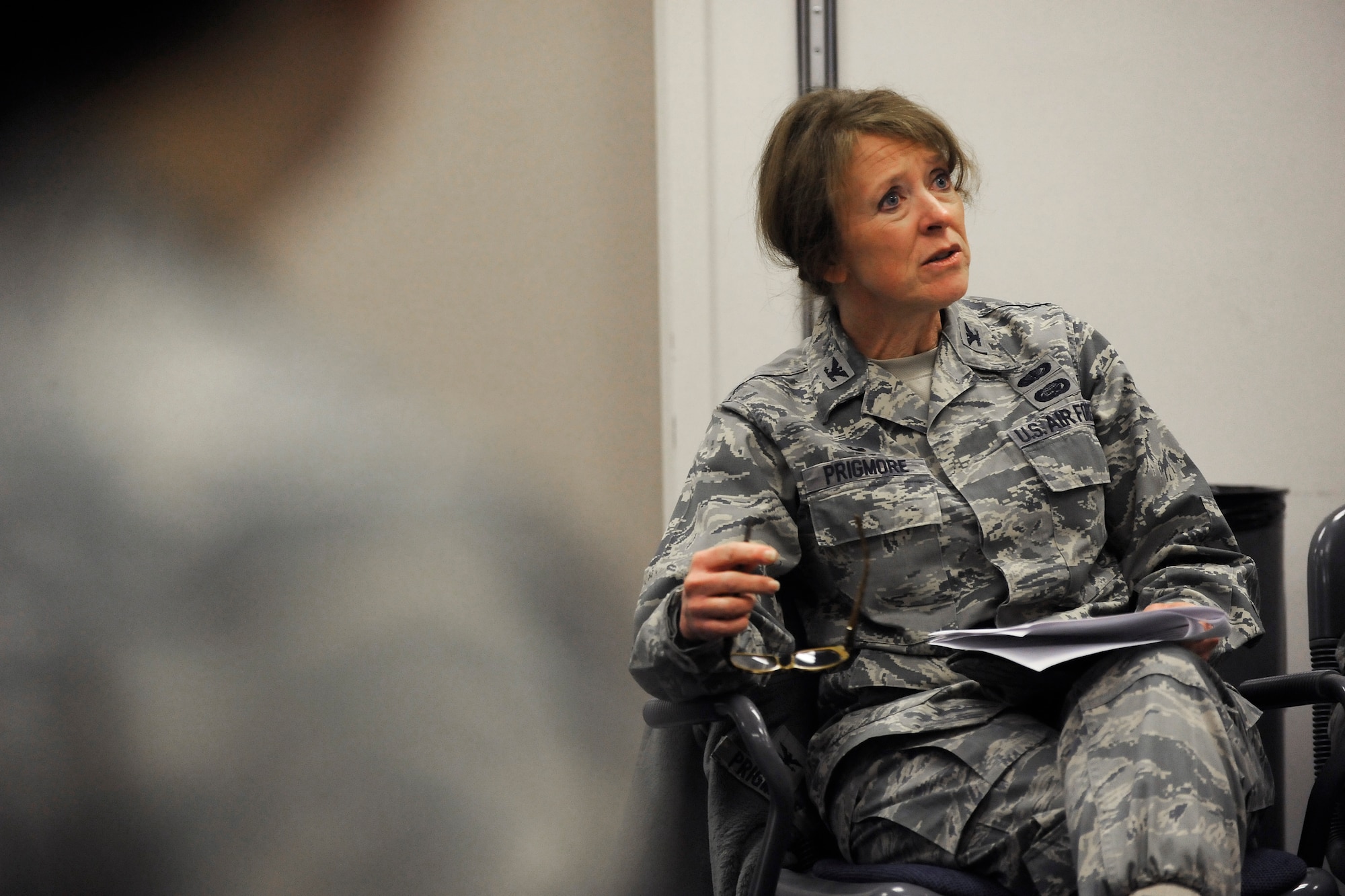 Oregon Air National Guard Col. Donna Prigmore, 142nd Fighter Wing vice commander offers feedback during a discussion of the monthly meeting of the unit’s Diversity and Inclusion Counsel, Jan. 11, 2015, Portland Air National Guard Base, Ore. The Diversity and Inclusion Counsel meets during Unit Training Assembly weekends to help develop the total force crucial for mission success. (U.S. Air National Guard photo by Tech. Sgt. John Hughel, 142nd Fighter Wing Public Affairs/Released)