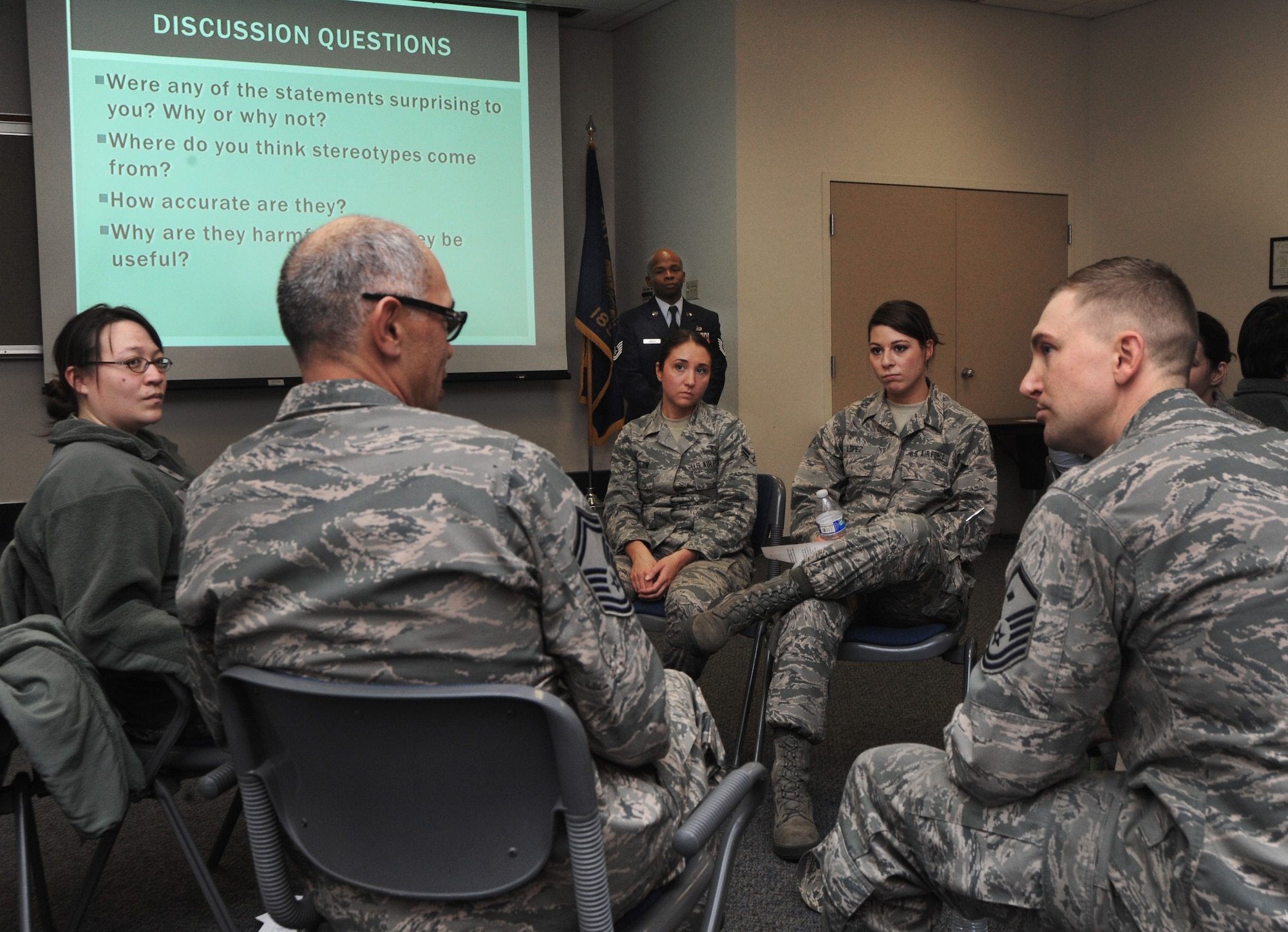 Members of the 142nd Fighter Wing participate in a group activity as part of the Diversity and Inclusion Counsel’s monthly meeting during the Unit Training Assembly, Dec. 07, 2014, Portland Air National Guard Base, Ore. The Diversity and Inclusion Counsel helps foster communication by recognizing that a diverse set of experiences, perspectives, and backgrounds are crucial to mission success. (U.S. Air National Guard photo by Tech. Sgt. John Hughel, 142nd Fighter Wing Public Affairs/Released)