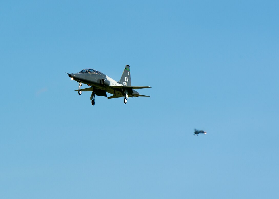 A pilot from the 80th Flying Training Wing's Euro-NATO Joint Jet Pilot Training program, practices approaches in a T-38 Talon July 23, 2015 at Sheppard Air Force Base, Texas. Once pilots complete the 55-week undergraduate pilot training through ENJJPT, all graduates, regardless of their nationality, will receive U.S. wings as a rated pilot. (U.S. Air Force photo by Danny Webb)
