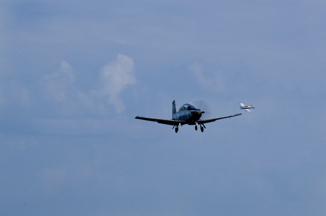 A pilot from the 80th Flying Training Wing's Euro-NATO Joint Jet Pilot Training program, practices approaches in a T-6 Texan II July 23, 2015 at Sheppard Air Force Base, Texas. Once pilots complete the 55-week undergraduate pilot training through ENJJPT, all graduates, regardless of their nationality, will receive U.S. wings as a rated pilot. (U.S. Air Force photo by Danny Webb)
