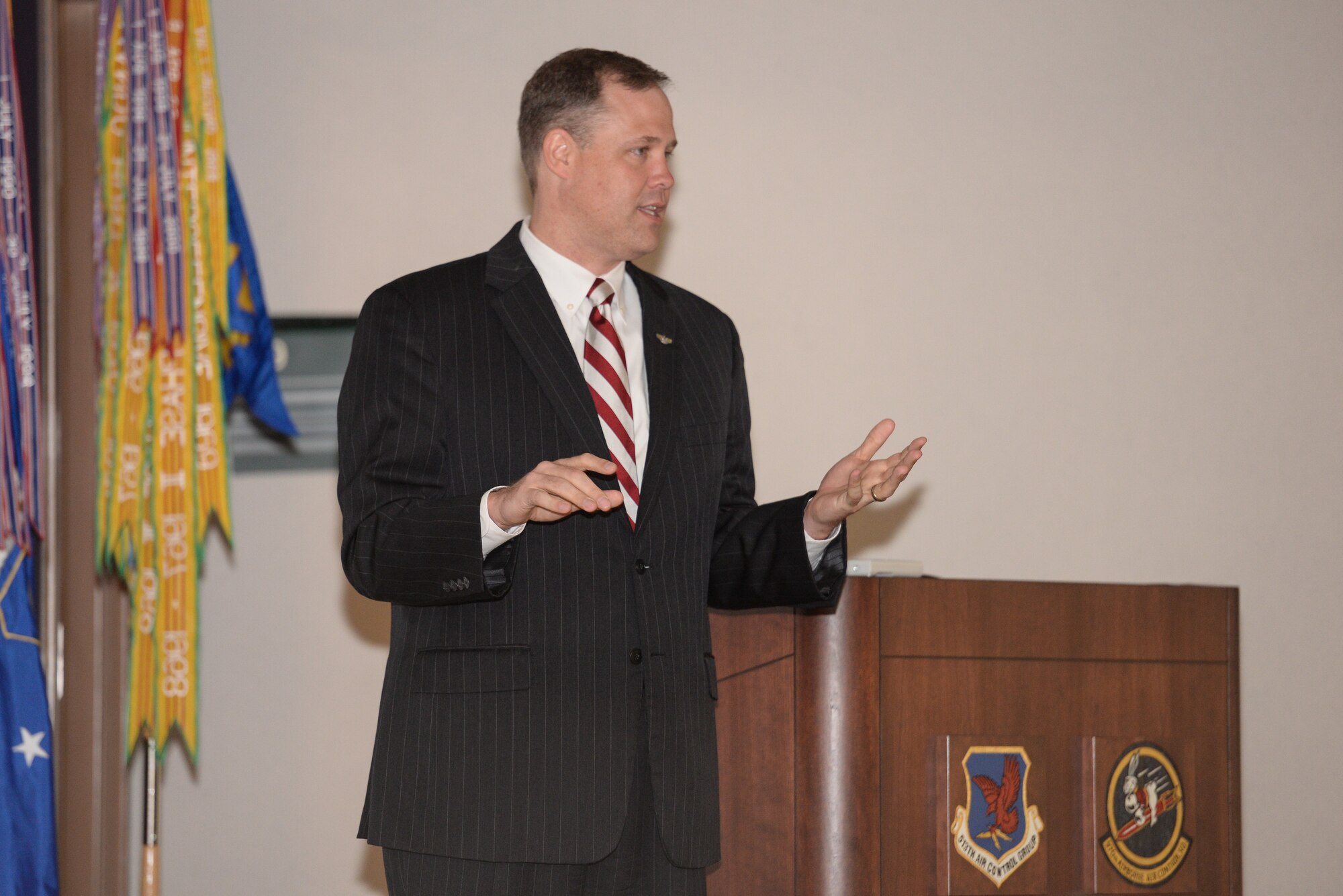 U.S. Rep. Jim Bridenstine speaks to reservists from the 513th Air Control Group deploying to Southwest Asia during a sendoff event on July 11 at Tinker Air Force Base, Okla. Bridenstine, a pilot with the Oklahoma Air National Guard, thanked the Airmen and their spouses for their sacrifice and spoke of the vital part the Air Force Reserve plays in today’s military. (U.S. Air Force photo by Staff Sgt. Caleb Wanzer)