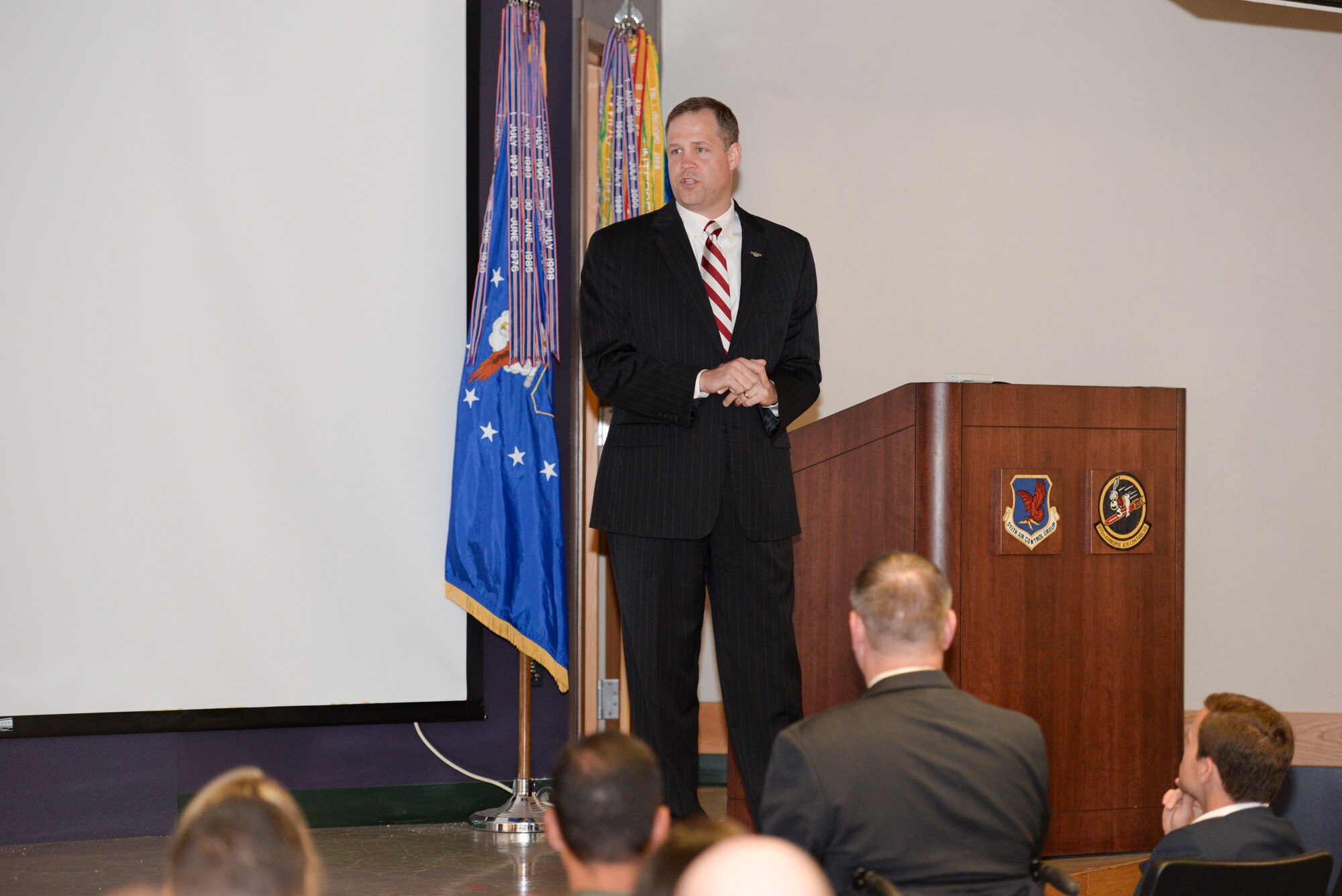 U.S. Rep. Jim Bridenstine speaks to reservists from the 513th Air Control Group deploying to Southwest Asia during a sendoff event on July 11 at Tinker Air Force Base, Okla. Bridenstine, a pilot with the Oklahoma Air National Guard, thanked the Airmen and their spouses for their sacrifice and spoke of the vital part the Air Force Reserve plays in today’s military. (U.S. Air Force photo by Staff Sgt. Caleb Wanzer)