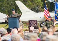 U.S. Air Force Maj. Gen. H.D. Polumbo Jr. (left), Ninth Air Force commander, speaks during the 23d Wing Change of Command ceremony July 23, 2015, at Moody Air Force Base, Ga. The 23d WG is comprised of six groups; five located at Moody AFB, and one at Davis-Mothan AFB, Ariz. (U.S. Air Force photo by Airman 1st Class Ceaira Tinsley/Released)