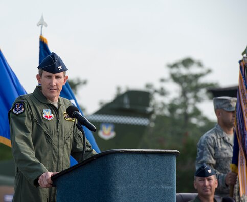U.S. Air Force Col. Thomas Kunkel, 23d Wing commander, makes his first remarks to Airmen of the 23d Wing during a change of command ceremony July 23, 2015, at Moody Air Force Base Ga. Kunkel comes to the 23d Wing after serving as the director of the Joint Personnel Recovery Agency at Fort Belvoir, Va.  (U.S. Air Force photo by Staff Sgt. Eric Summers/Released)