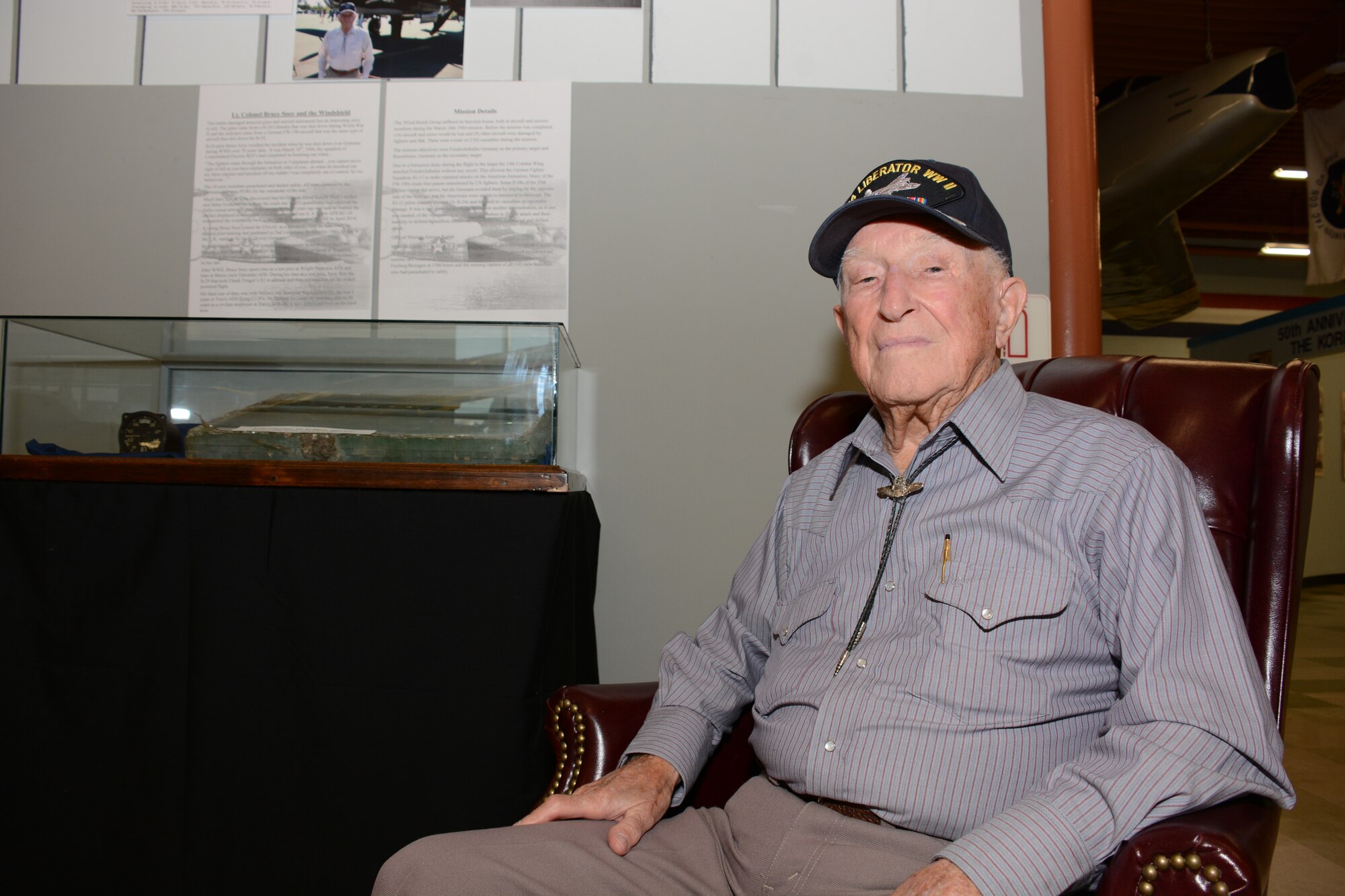 Ret. Lt. Col. Bruce Sooy poses for a photo July 15 at the Travis Air Force Base Heritage Center. Sooy flew 23 missions during World War II before being shot down and captured as a prisoner of war. (U.S. Air Force photo by Airman 1st Class Amber Carter)