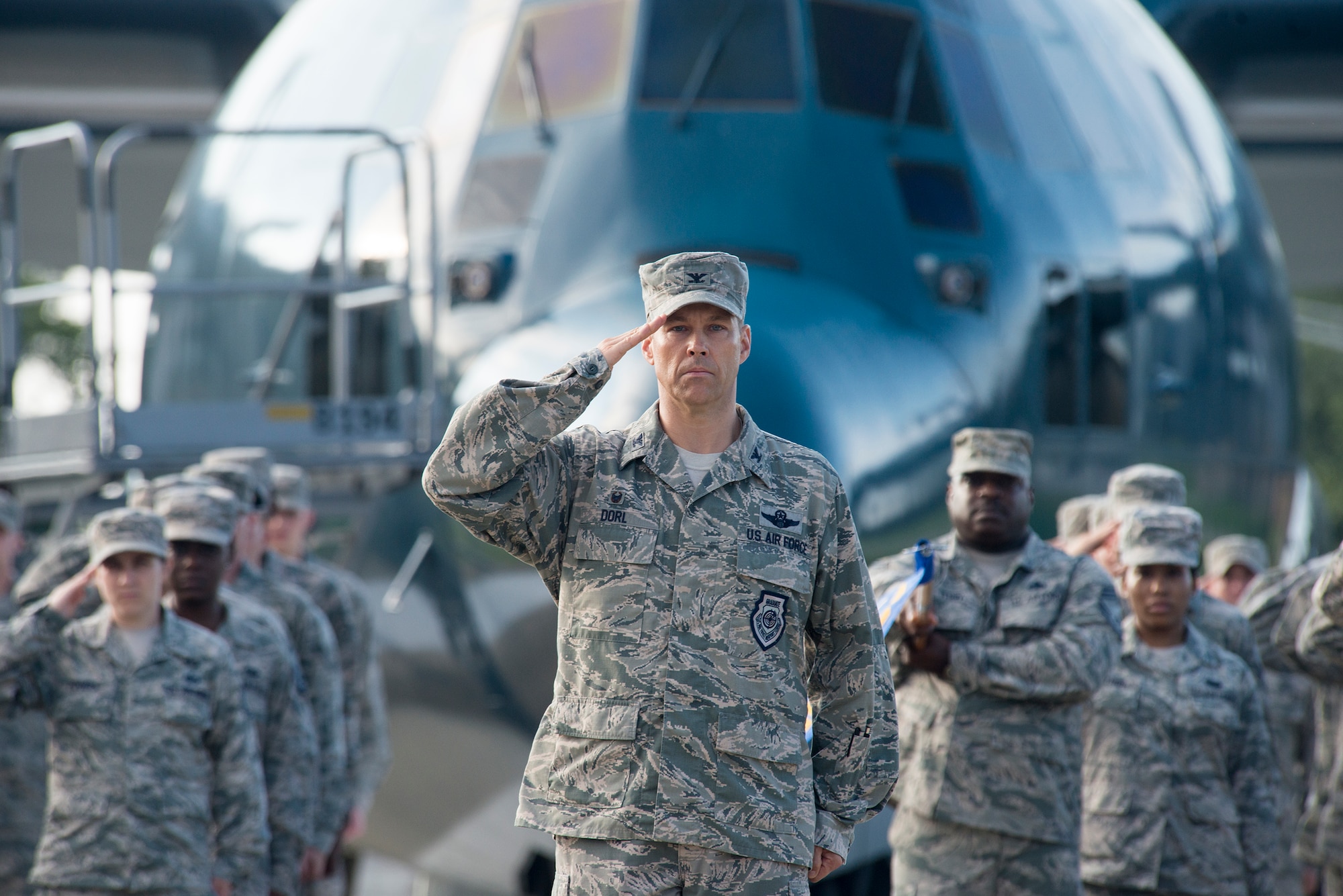U.S. Air Force Col. Thomas Dorl, 347th Rescue Group commander, renders a salute during the 23d Wing Change of Command ceremony July 23, 2015, at Moody Air Force Base, Ga. Dorl commanded the six formations that represented Airmen from Moody’s six groups. (U.S. Air Force photo by Airman 1st Class Ceaira Tinsley/Released)