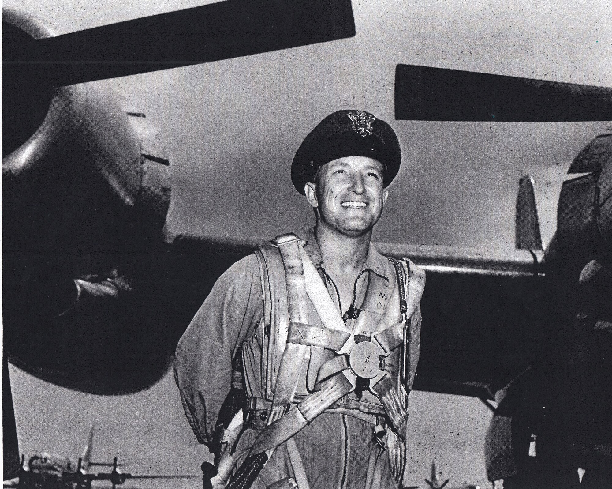 Ret. Lt. Col. Bruce Sooy poses in front of a B-50D aircraft at Eglin AFB, FL in 1951. He was performing air to air refuel testing with KC-97s. (Courtesy photo)