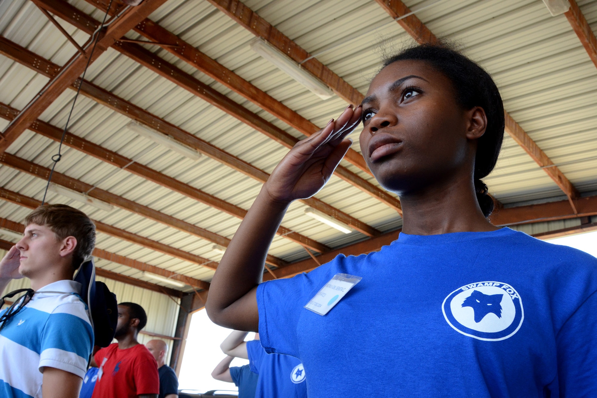 U.S. Air Force Airman Benita Mbonu-Obi, assigned to the 169th Student Flight, renders a salute at McEntire Joint National Guard Base, S.C., June 13, 2015.  The trainees were taught several facing and drill movements in order to prepare them for Basic Military Training. (U.S. National Guard photo by Amn Megan Floyd/Released)