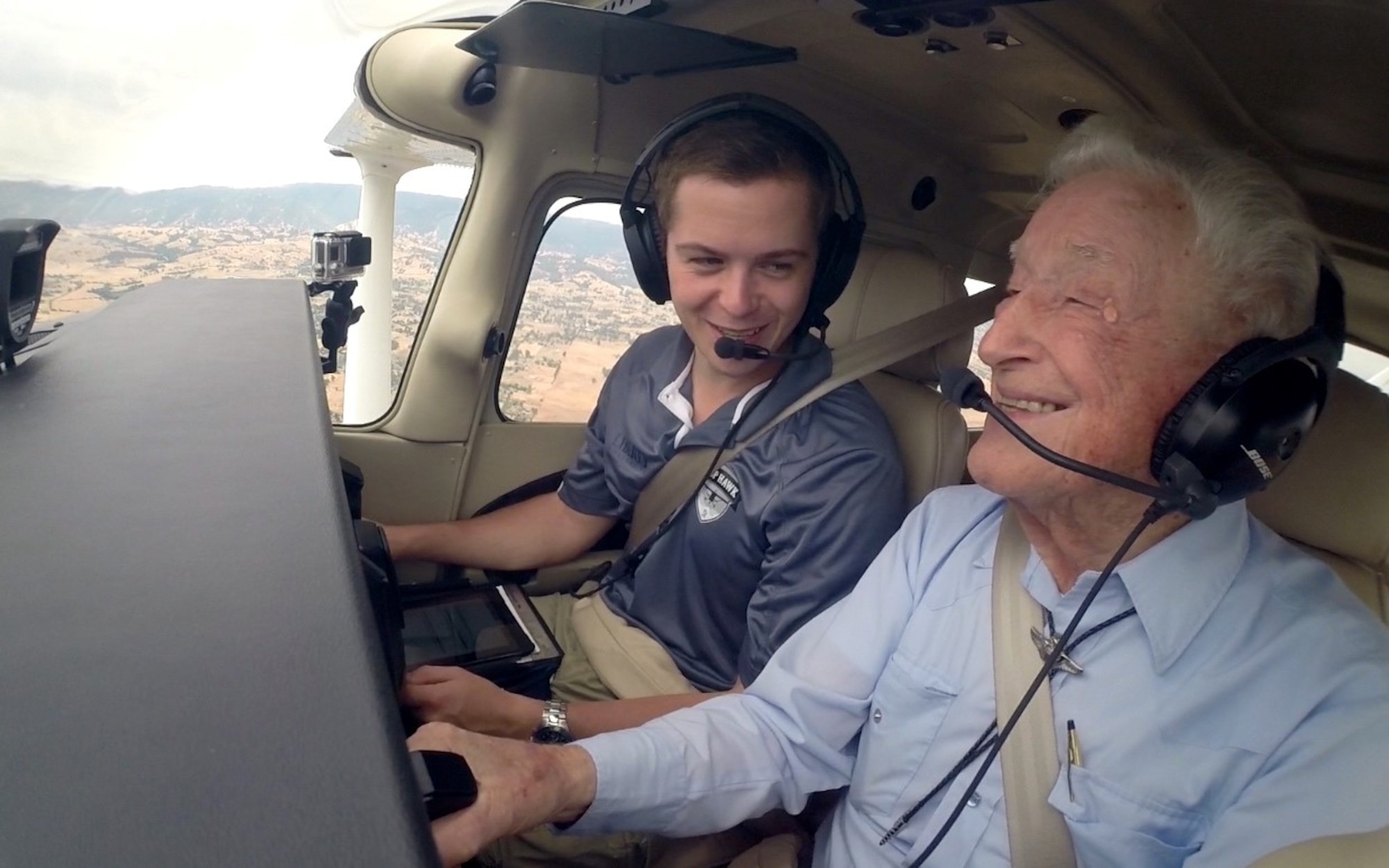 Ret. Lt. Col. Bruce Sooy receives a demonstration July 2015 flight at Nut Tree airport by Liberty University. It had been 56 years since he had last flown an aircraft, which was 1959. (Courtesy photo)