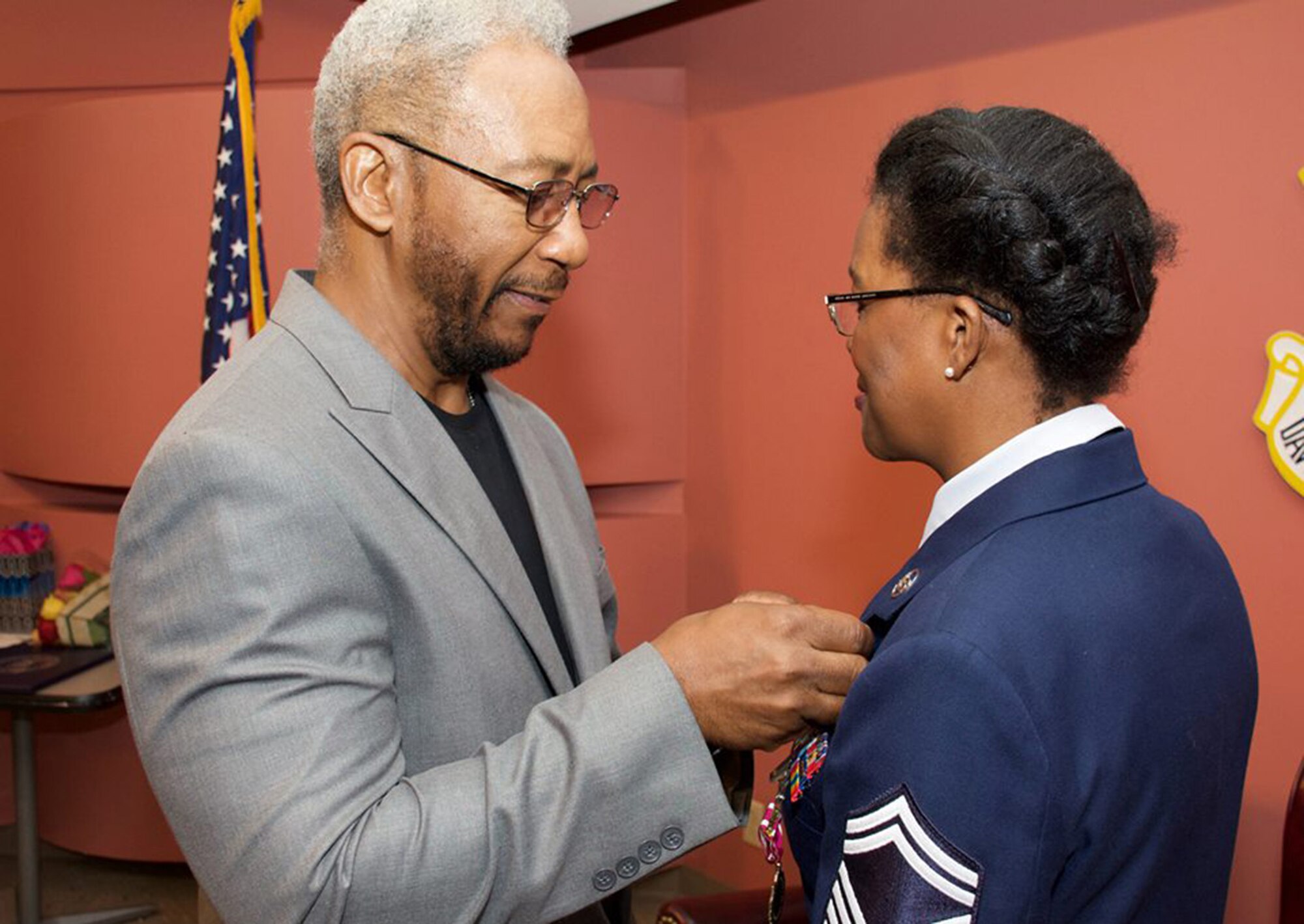 TRAVIS AIR FORCE BASE, Calif. -- Senior Master Sgt. Gwen L. Hunter-Williams, 349th Aerospace Medicine Squadron superintendent of medical administration, retired at Travis Air Force Base, Calif., July 12, 2015, after 33 years of service in the Army and Air Force Reserve. (U.S. Air Force photo/2nd Lt. Stephen J. Collier)