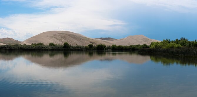 Dunes Lake at Bruneau Dunes state park, Idaho sits at the base of a 470-foot mountain of sand. At 4,800 acres, the park has plenty of space for hiking, camping and even horseback riding. (U.S. Air Force photo by Airman 1st Class Connor J. Marth)