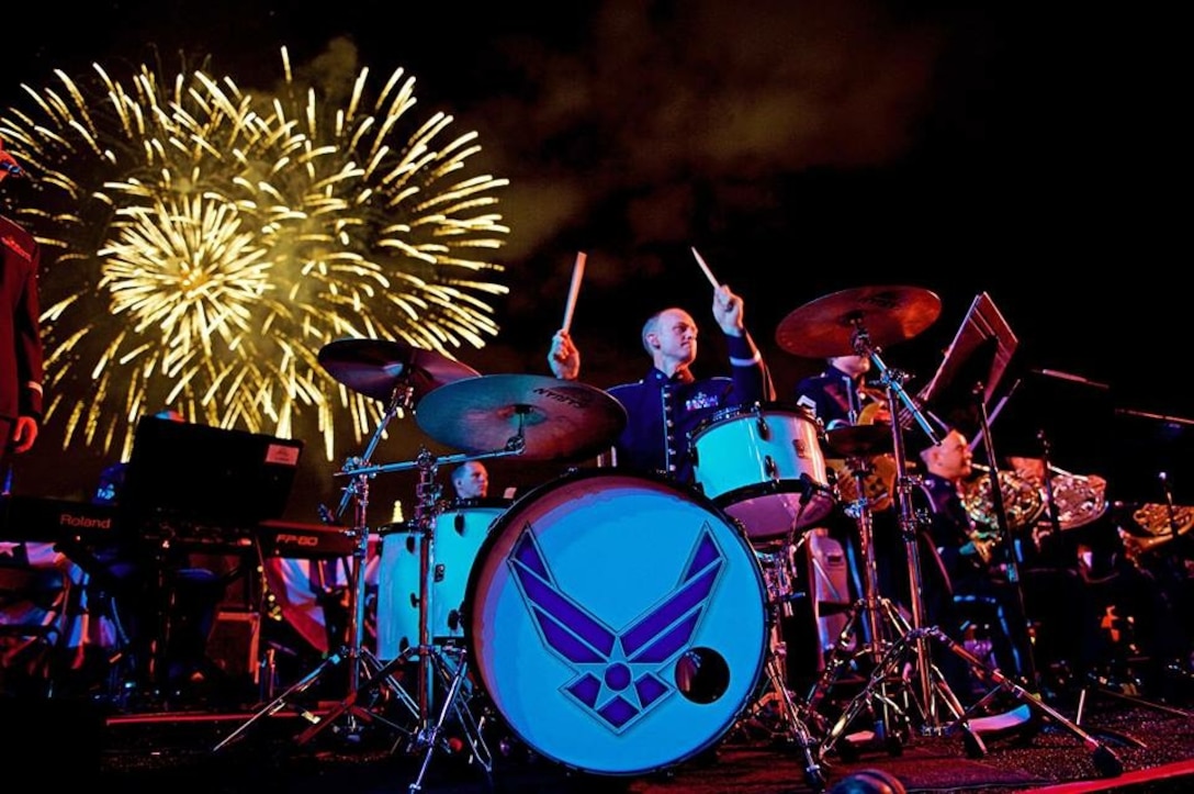 Senior Master Sergeant Dennis Hoffman played drumset for the Air Force Band's performance for the Macy's Fourth of July Fireworks broadcast from New York City. (U.S. Air Force Photo by Senior Master Sgt. Bob Kamholz/released)