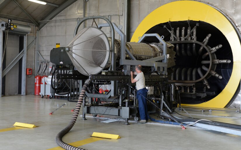 Virginia Air National Guard Master Sgt. Russell Tilley, 192nd Maintenance Squadron aerospace propulsion technician, performs pre-test inspections on a Pratt and Whitney F119 engine at Langley Air Force Base, Va., July 22, 2015. The engine of the F-22 Raptor produces more thrust than any other current fighter jet engine. (U.S Air Force photo by Airman 1st Class Derek Seifert/Released)