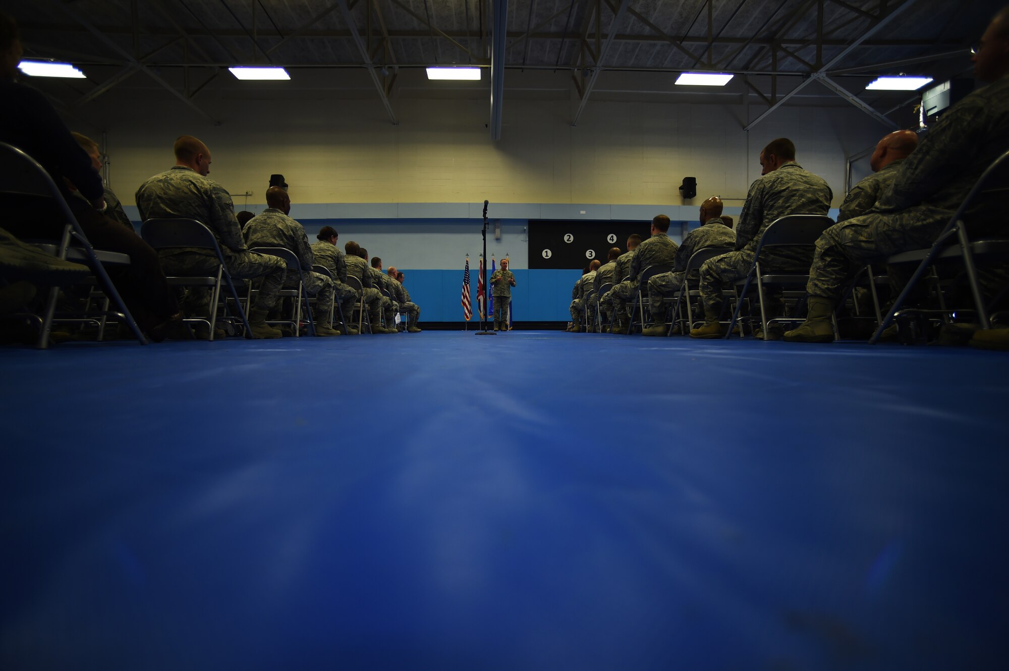 Gen. Mark A. Welsh III, U.S. Air Force Chief of Staff, engages with Airmen during an all-call at RAF Croughton, United Kingdom, July 16, 2015. Following his remarks, Welsh answered questions from Airmen. (U.S. Air Force photo by Staff Sgt. Jarad A. Denton/Released)