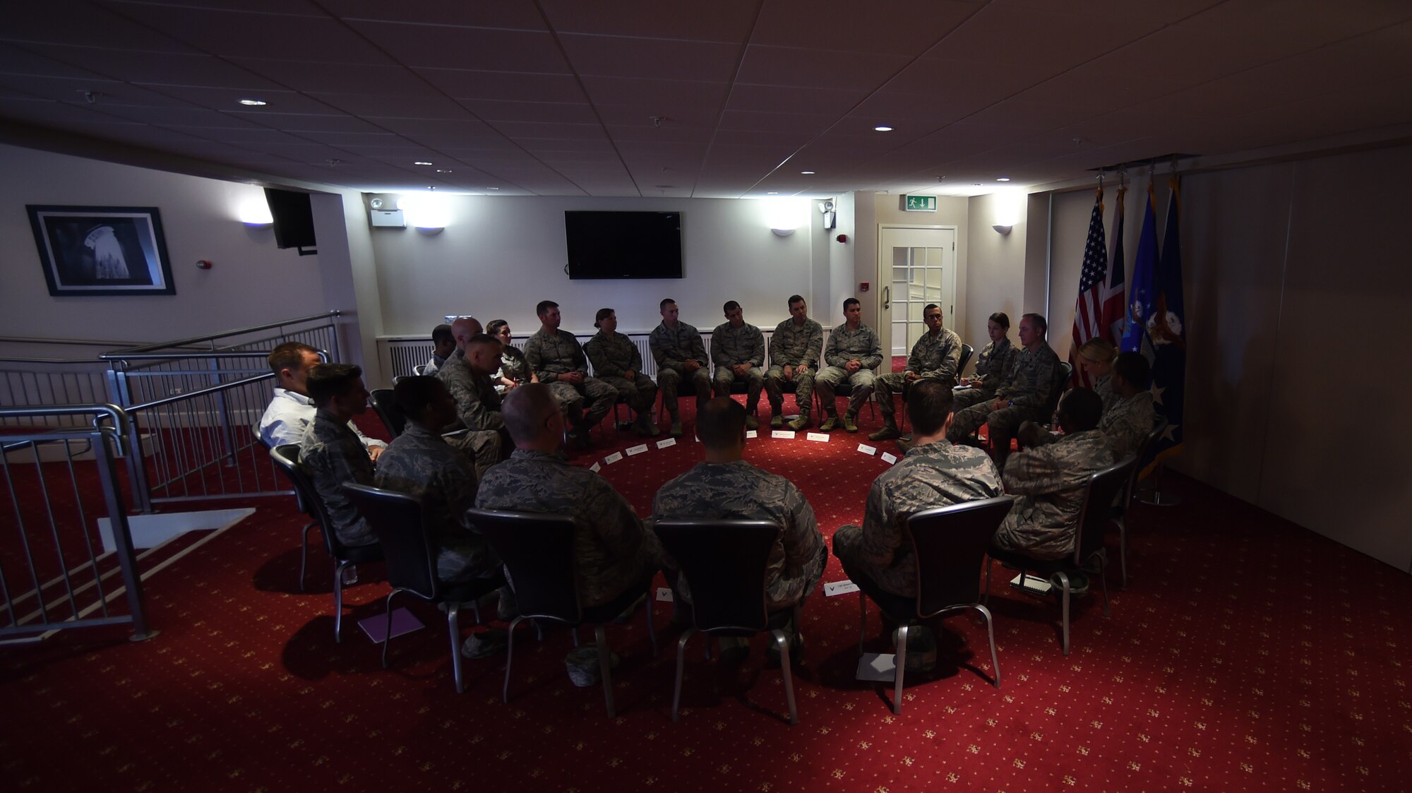Gen. Mark A. Welsh III, U.S. Air Force Chief of Staff, discusses current and future challenges with company grade officers at RAF Croughton, United Kingdom, July 16, 2015. Welsh held round-table discussions to connect directly with various groups of Airmen throughout the wing. (U.S. Air Force photo by Staff Sgt. Jarad A. Denton/Released)