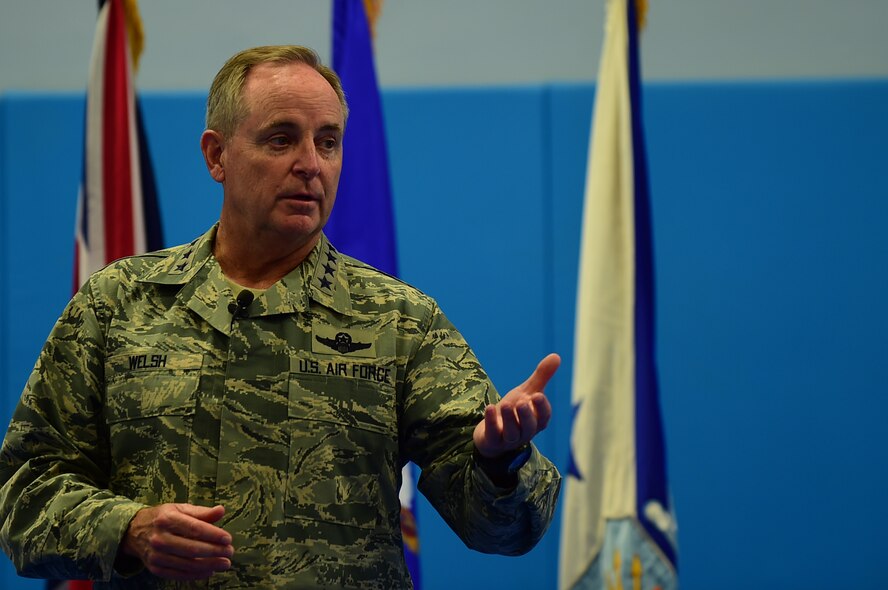 U.S. Air Force Chief of Staff, Gen. Mark A. Welsh III, speaks with 501st Combat Support Wing Airmen during an all call at RAF Croughton, United Kingdom, July 16, 2015. During Welsh’s visit, he and his wife, Betty, spoke about many Air Force issues such as quality of life, suicide prevention, resiliency, and sexual assault prevention and response. (U.S. Air Force photo by Tech. Sgt. Chrissy Best/Released)