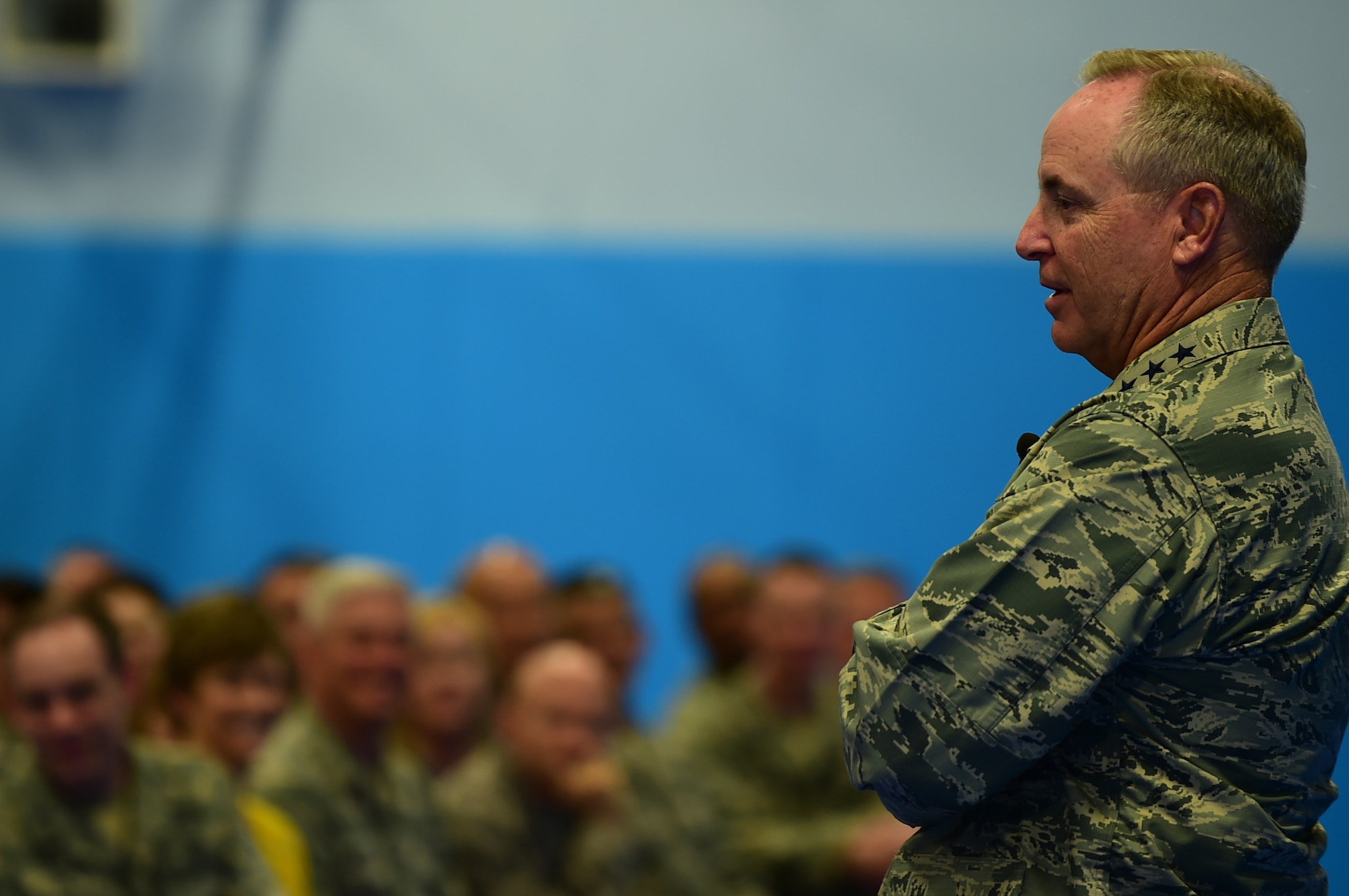 U.S. Air Force Chief of Staff Gen. Mark A. Welsh III, speaks with 501st Combat Support Wing Airmen during an all call at RAF Croughton, United Kingdom, July 16, 2015. Welsh explained the importance of reaching out and taking care of Air Force members and their families. (U.S. Air Force photo by Tech. Sgt. Chrissy Best/Released)