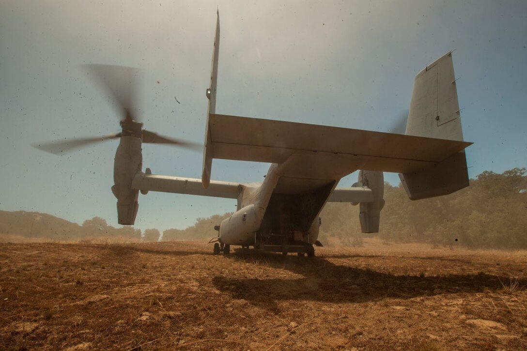 An Osprey with Marine Medium Tiltrotor Squadron 268, Marine Aircraft Group 16, 3rd Marine Aircraft Wing, prepares to depart landing zone K Springs aboard Marine Corps Base Camp Pendleton, Calif., July 17, as part of a tactical recovery of aircraft and personnel mission during a certification exercise for Special Purpose Marine Air-Ground Task Force Crisis Response Central Command 16.1. SPMAGTF-CR-CC is a fully capable crisis response unit with the ability to project power over the vast distances using organic air and ground combat assets.