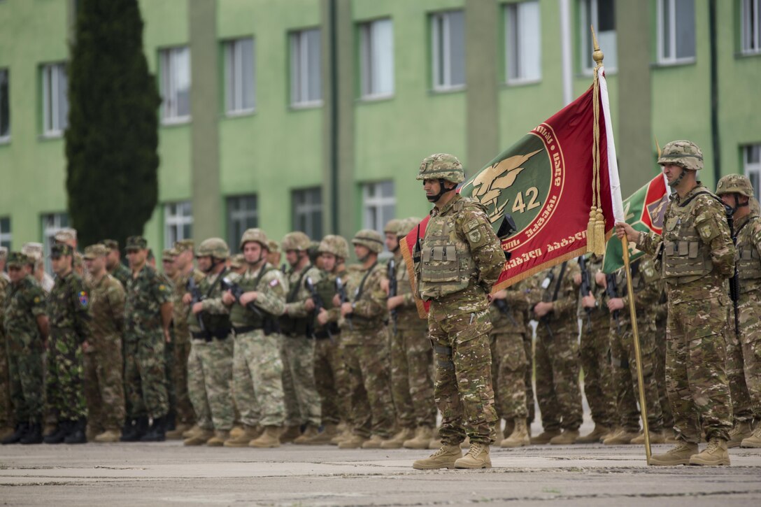Forces stand in formation for the opening ceremony of Agile Spirit 15, a multilateral exercise at Vaziani Training Area, Georgia, July 8, 2015. This fifth iteration of the Agile Spirit exercise was established to exercise interoperability with capacity to conduct planning and execution in support of the North Atlantic Treaty Organization Response Force operations with U.S., Georgian Armed, Bulgaria, Romania, Latvia, and Lithuania forces. (U.S. Marine Corps photo by Cpl. Rebecca L. Floto, 2nd Marine Division, Combat Camera/ Released)
