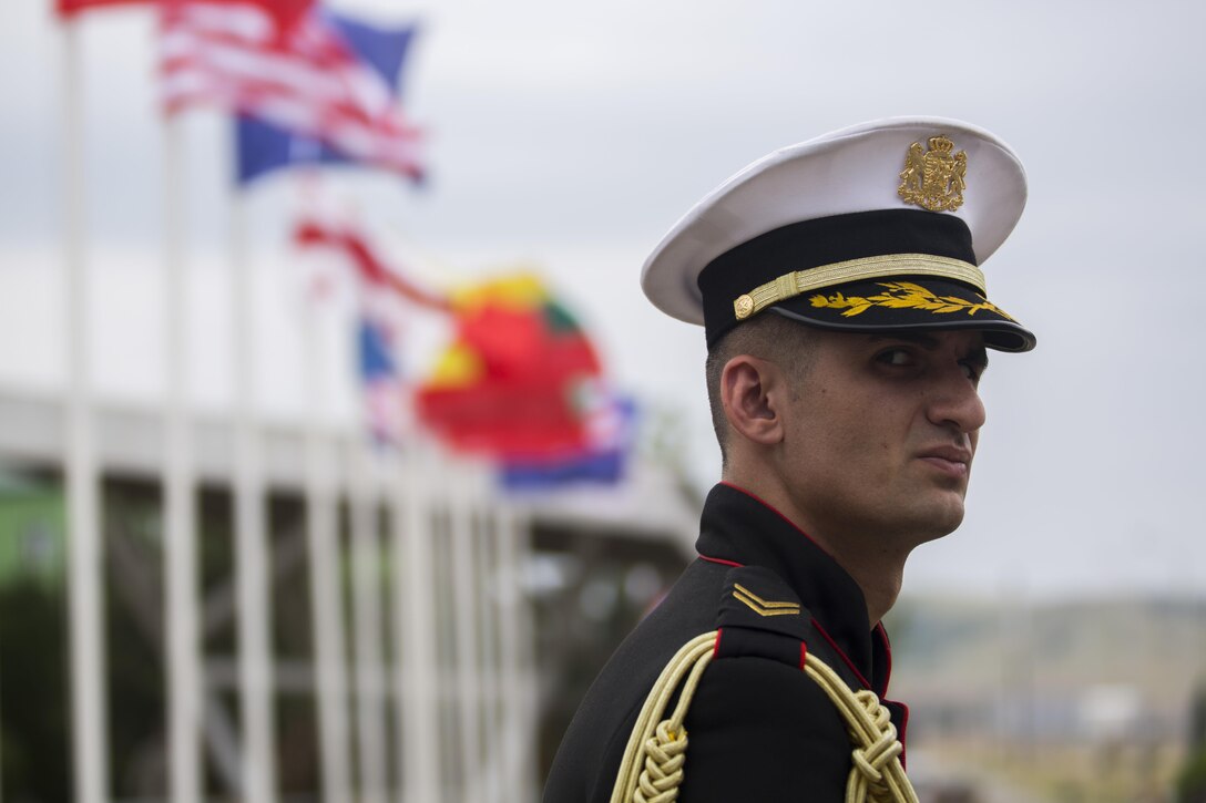 Forces stand in formation for the opening ceremony of Agile Spirit 15, a multilateral exercise at Vaziani Training Area, Georgia, July 8, 2015. This fifth iteration of the Agile Spirit exercise was established to exercise interoperability with capacity to conduct planning and execution in support of the North Atlantic Treaty Organization Response Force operations with U.S., Georgian Armed, Bulgaria, Romania, Latvia, and Lithuania forces. (U.S. Marine Corps photo by Cpl. Rebecca L. Floto, 2nd Marine Division, Combat Camera/ Released)