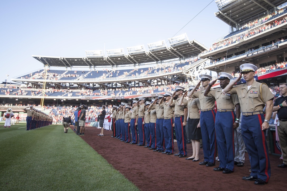 The Sergeant Major of the Marine Corps, Ronald L. Green, attends Marine Corps Day at National's Park, Washington, D.C., July 21, 2015.  (U.S. Marine Corps photo by Sgt. Melissa Marnell, Office of the Sergeant Major of the Marine Corps/Released)