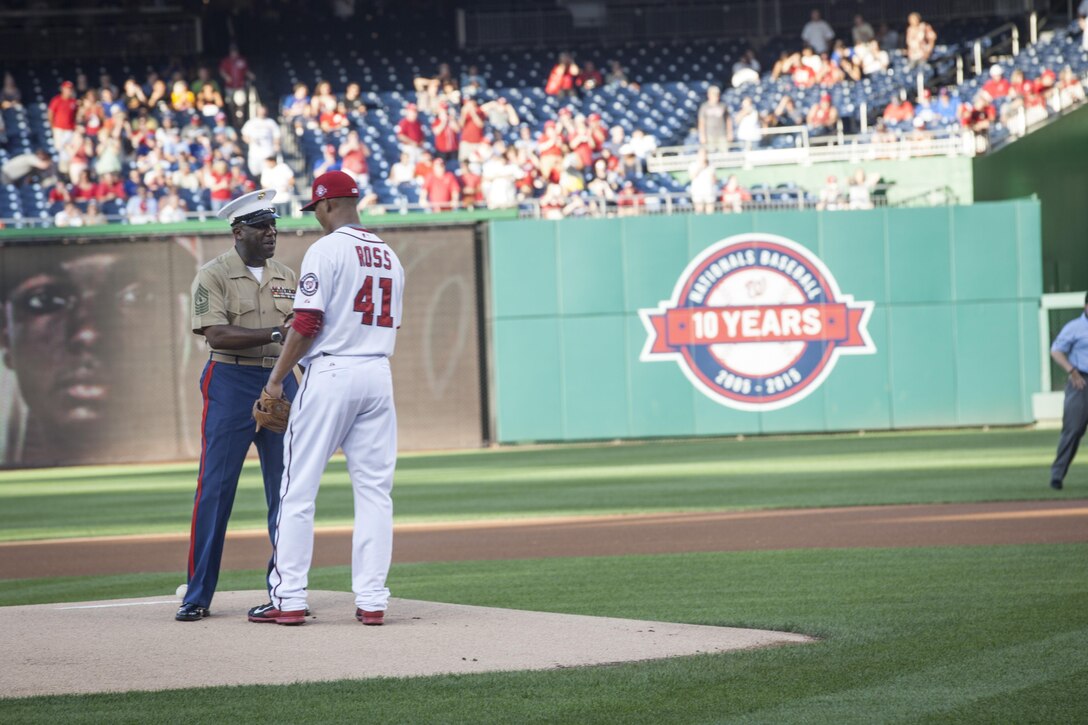 The Sergeant Major of the Marine Corps, Ronald L. Green, attends Marine Corps Day at National's Park, Washington, D.C., July 21, 2015.  (U.S. Marine Corps photo by Sgt. Melissa Marnell, Office of the Sergeant Major of the Marine Corps/Released)