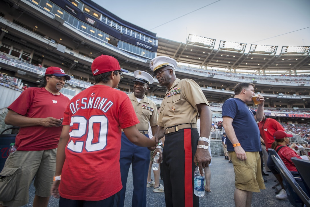 The Sergeant Major of the Marine Corps, Ronald L. Green, attends Marine Corps Day at National's Park, Washington, D.C., July 21, 2015.  (U.S. Marine Corps photo by Sgt. Melissa Marnell, Office of the Sergeant Major of the Marine Corps/Released)