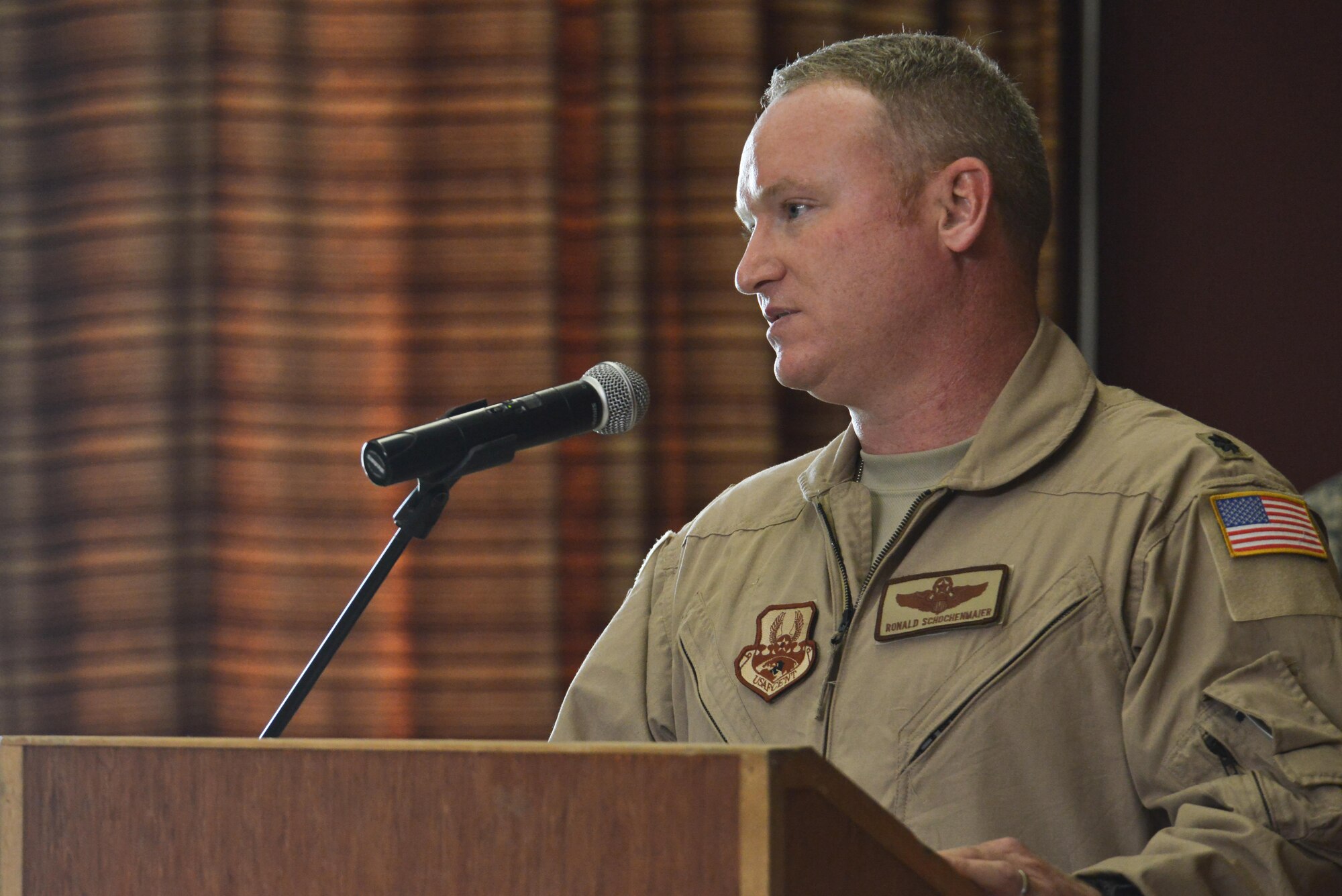 Lt. Col Ronald Schochenmaier, 22d Expeditionary Air Refueling Squadron commander, gives a few remarks during his assumption of command ceremony for the 22d EARS July 24th 2015 at Al Udeid Air Base, Qatar. The 22d was first formed in 1939 primarily as a bomb squadron for World War II. In 2002 it was inactivated as the 22d Air Refueling Squadron and is now re-designated as the 22d EARS supporting operations from Al Udeid Air Base. (U.S. Air Force photo/Staff Sgt. Alexandre Montes)