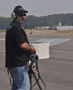 Frank Paules, a contractor assigned to the Unmanned Aerial Systems Test Directorate, pilots an Aerostar UAS during testing at Naval Support Facility Dahlgren on May 22. 